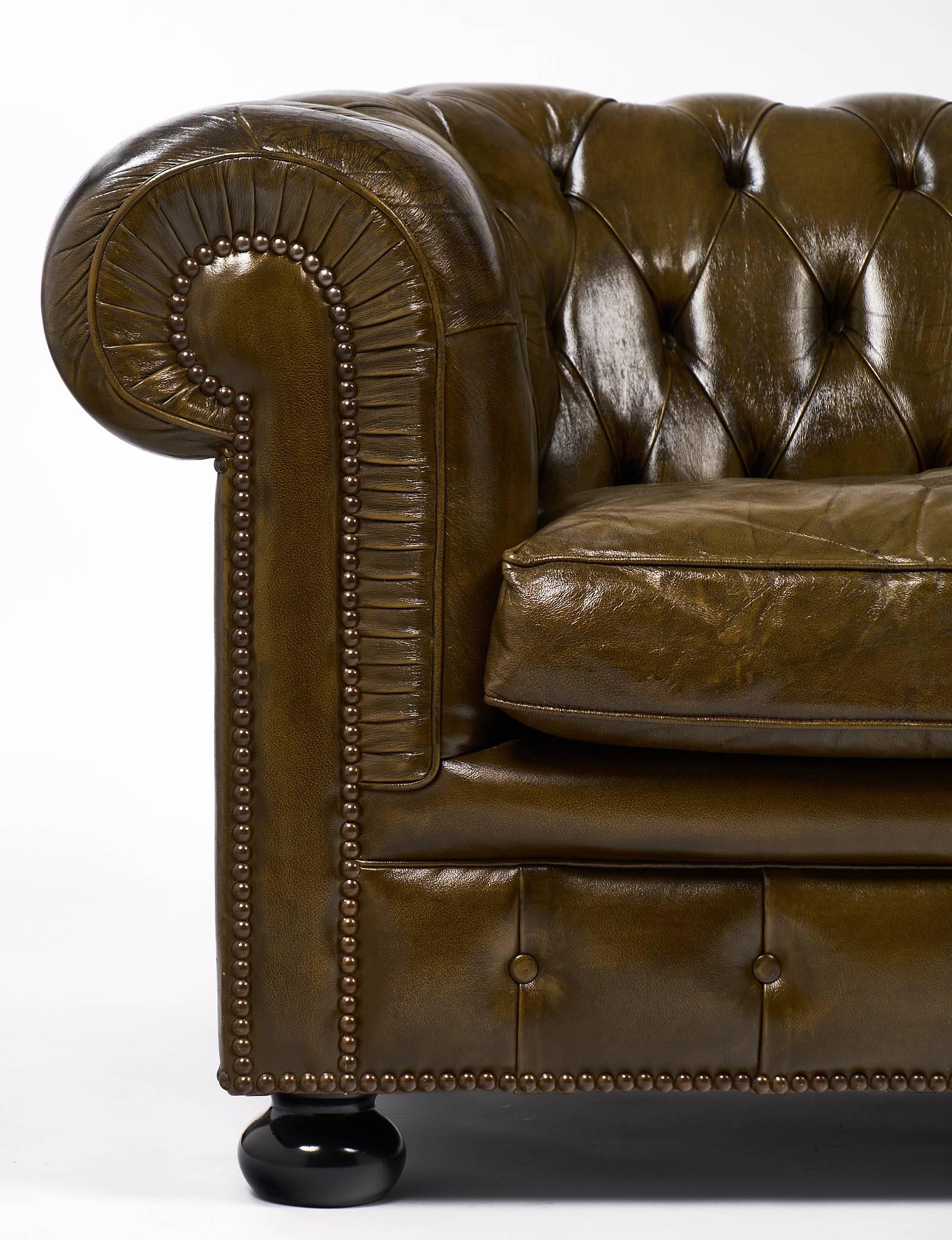 Brass English Vintage Chesterfield Leather Sofa