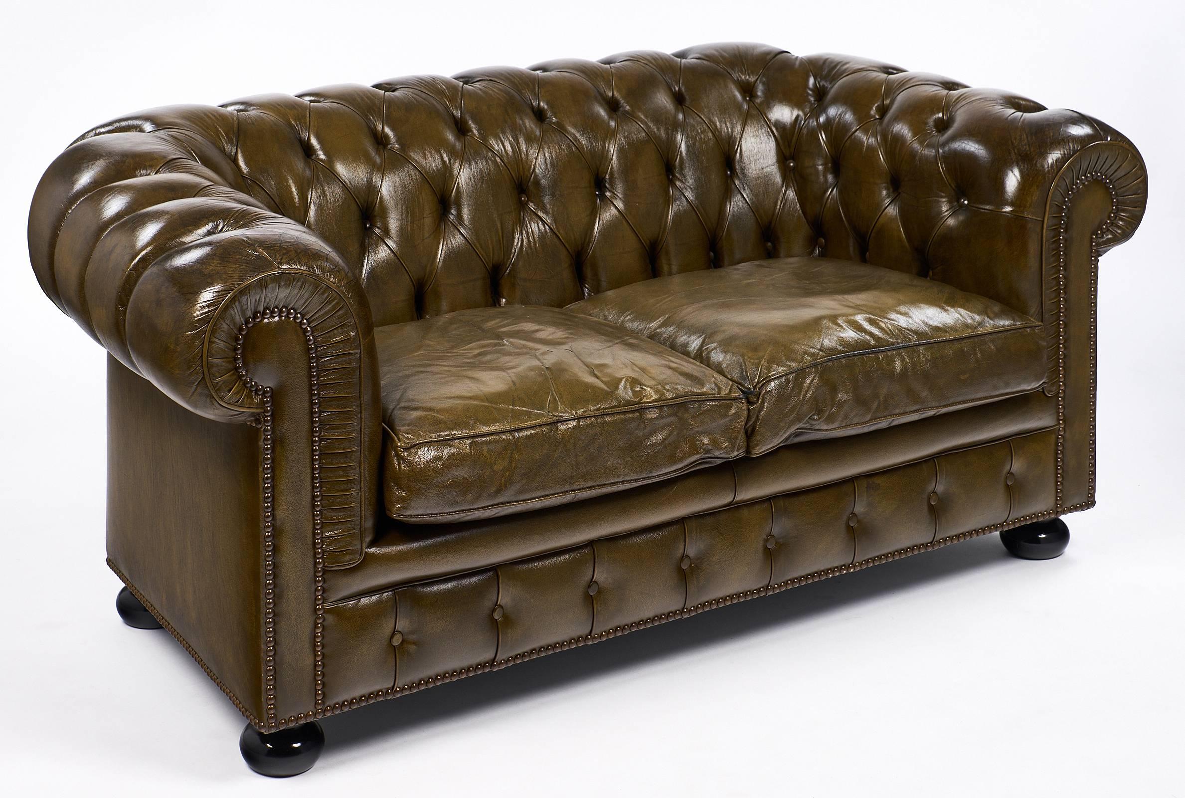 Mid-Century Modern English Vintage Chesterfield Leather Sofa