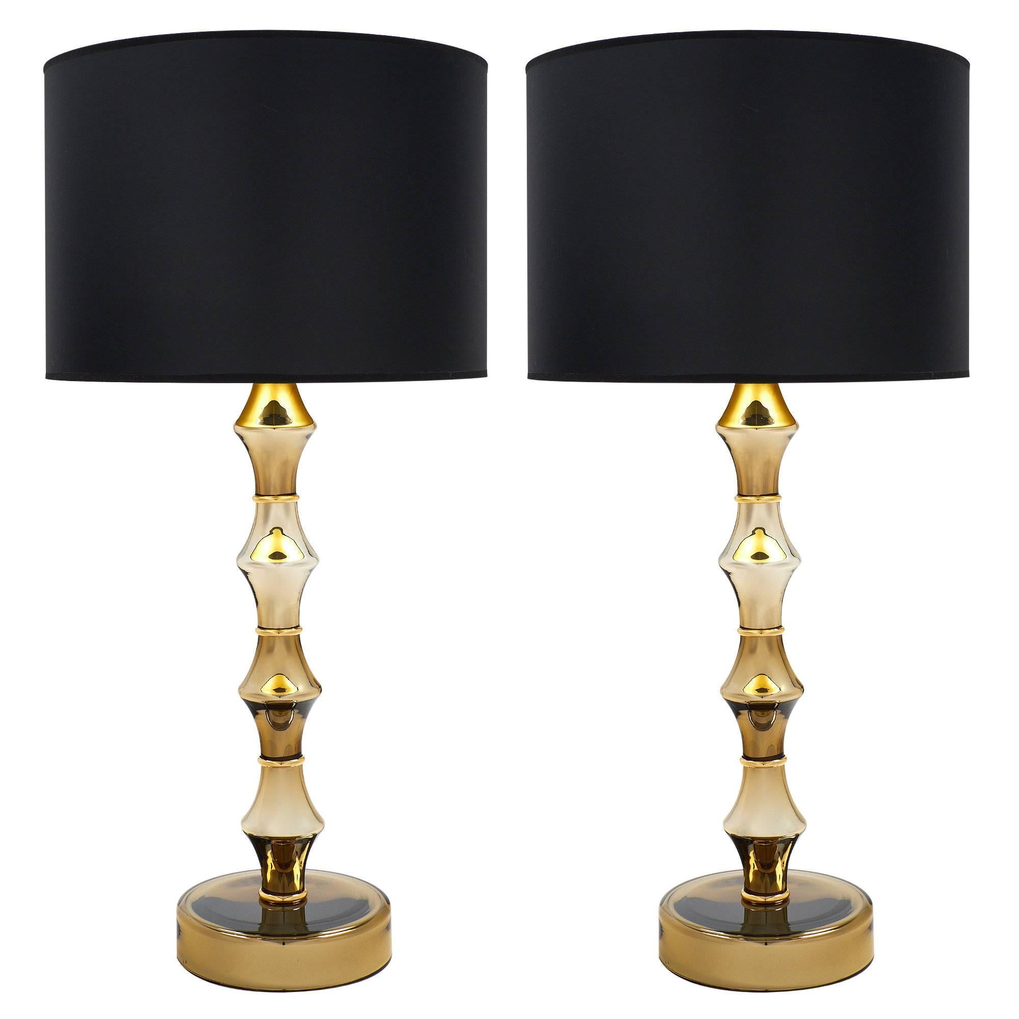 Pair of Mirrored Murano Glass Gold Lamps