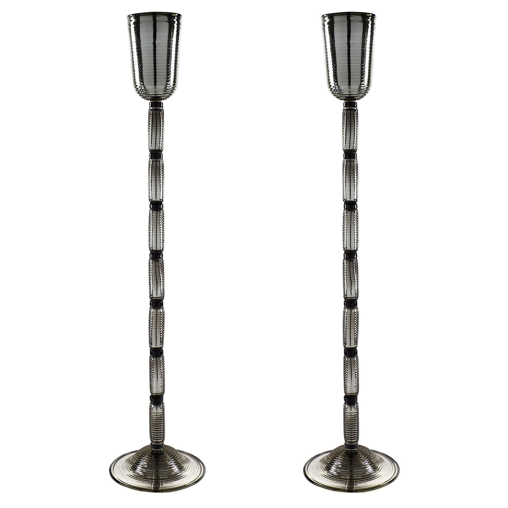 Pair of Mirrored Murano Glass Floor Lamps For Sale