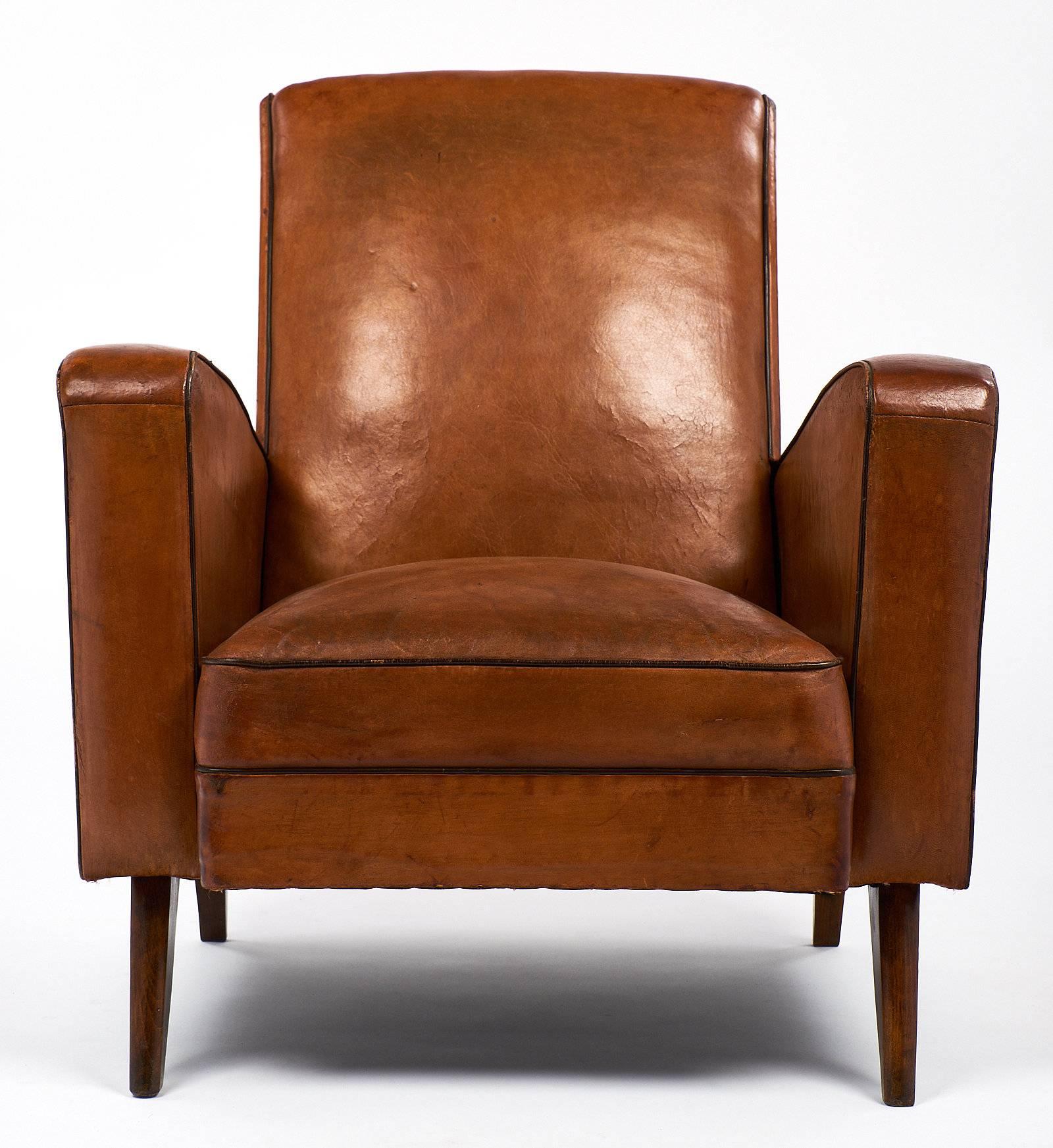 Mid-20th Century Leather Art Deco French Armchairs