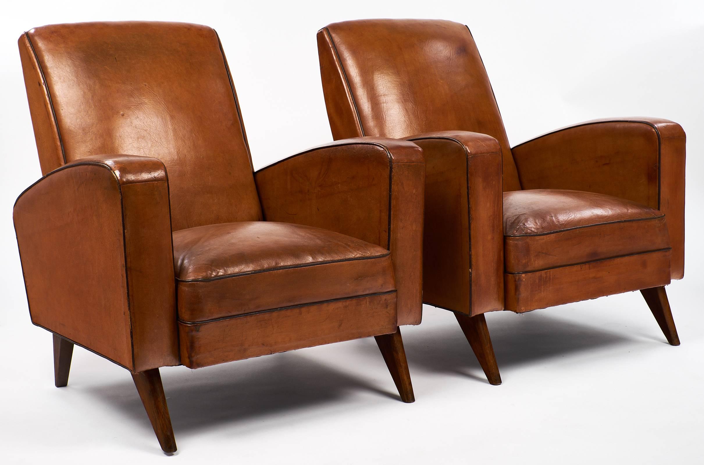 Lambskin Leather Art Deco French Armchairs