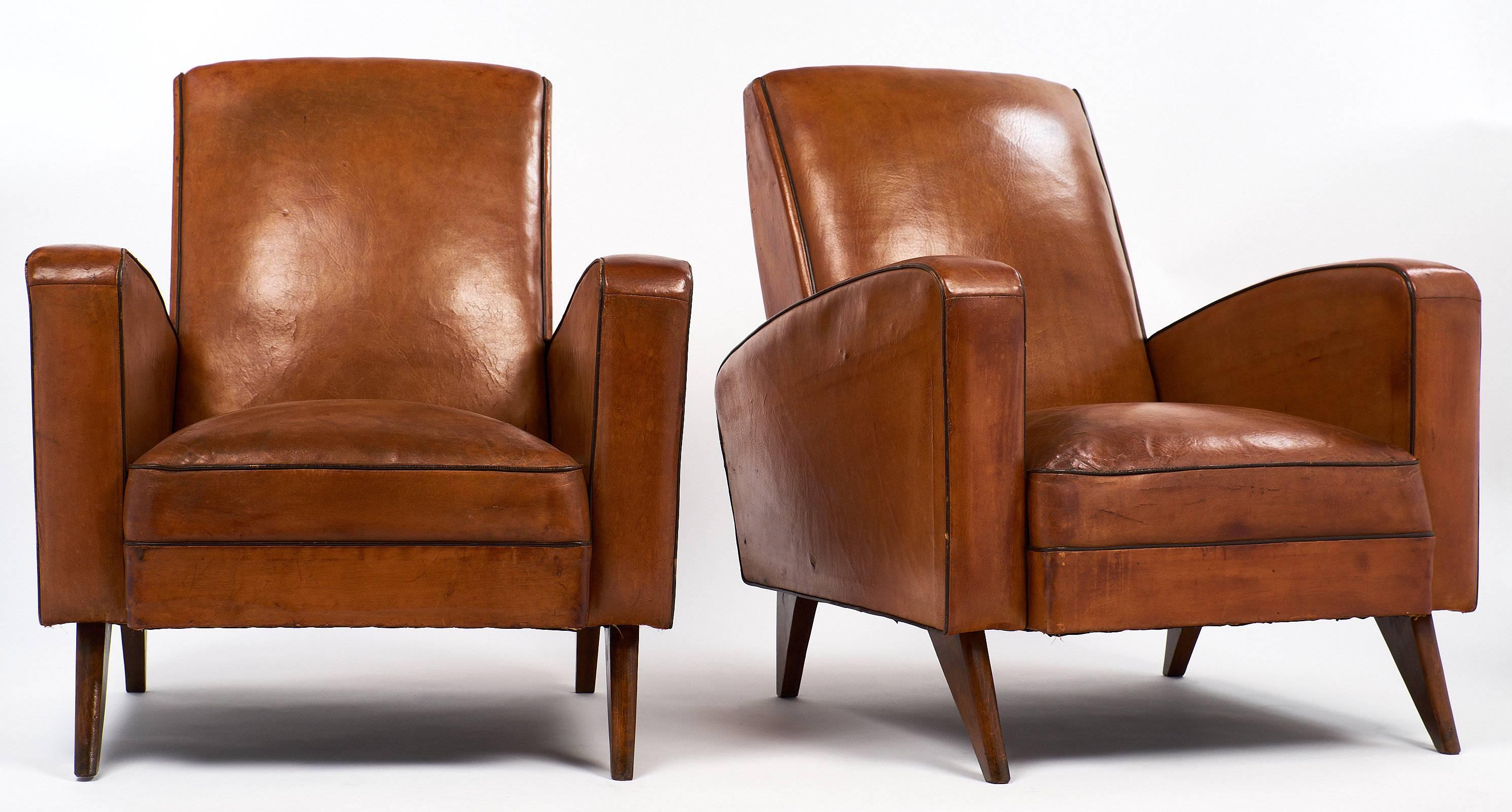 Leather Art Deco French Armchairs In Excellent Condition In Austin, TX