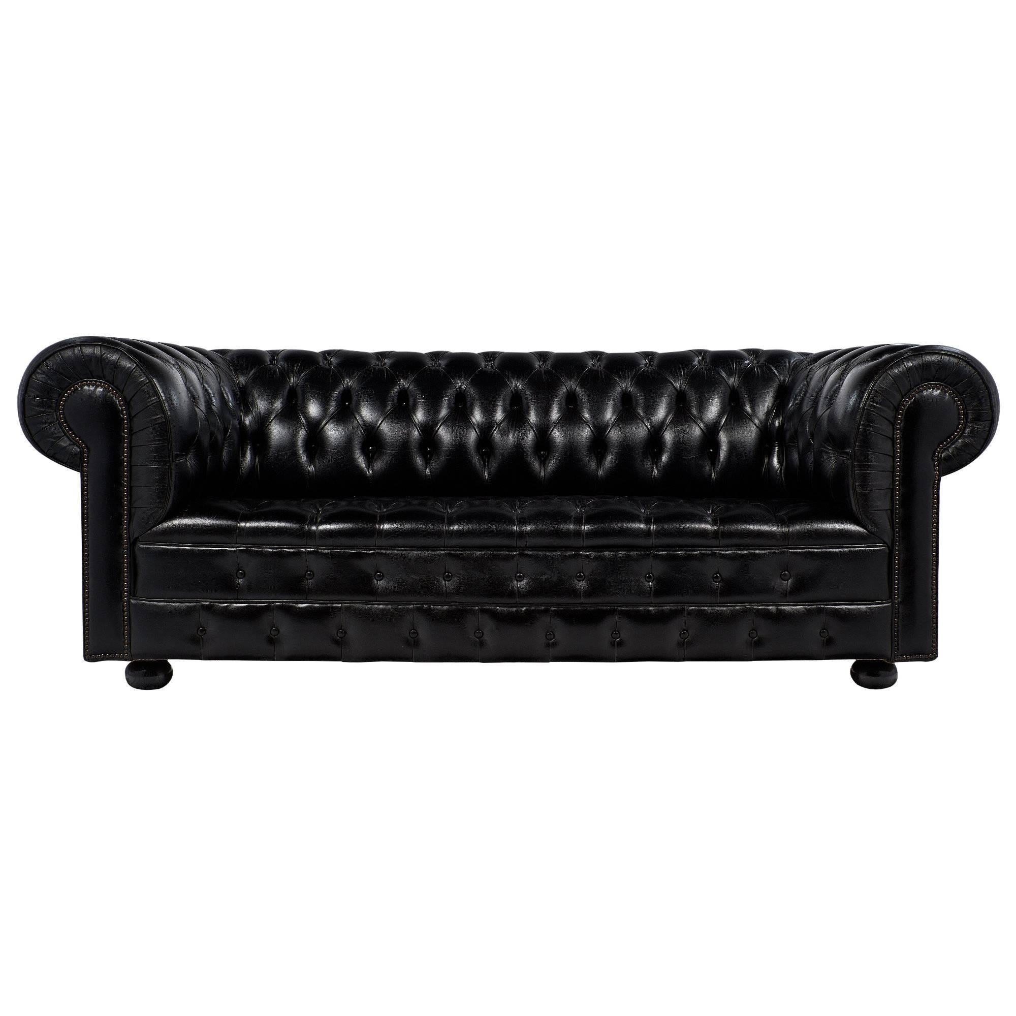 English Vintage Black Leather Chesterfield Sofa