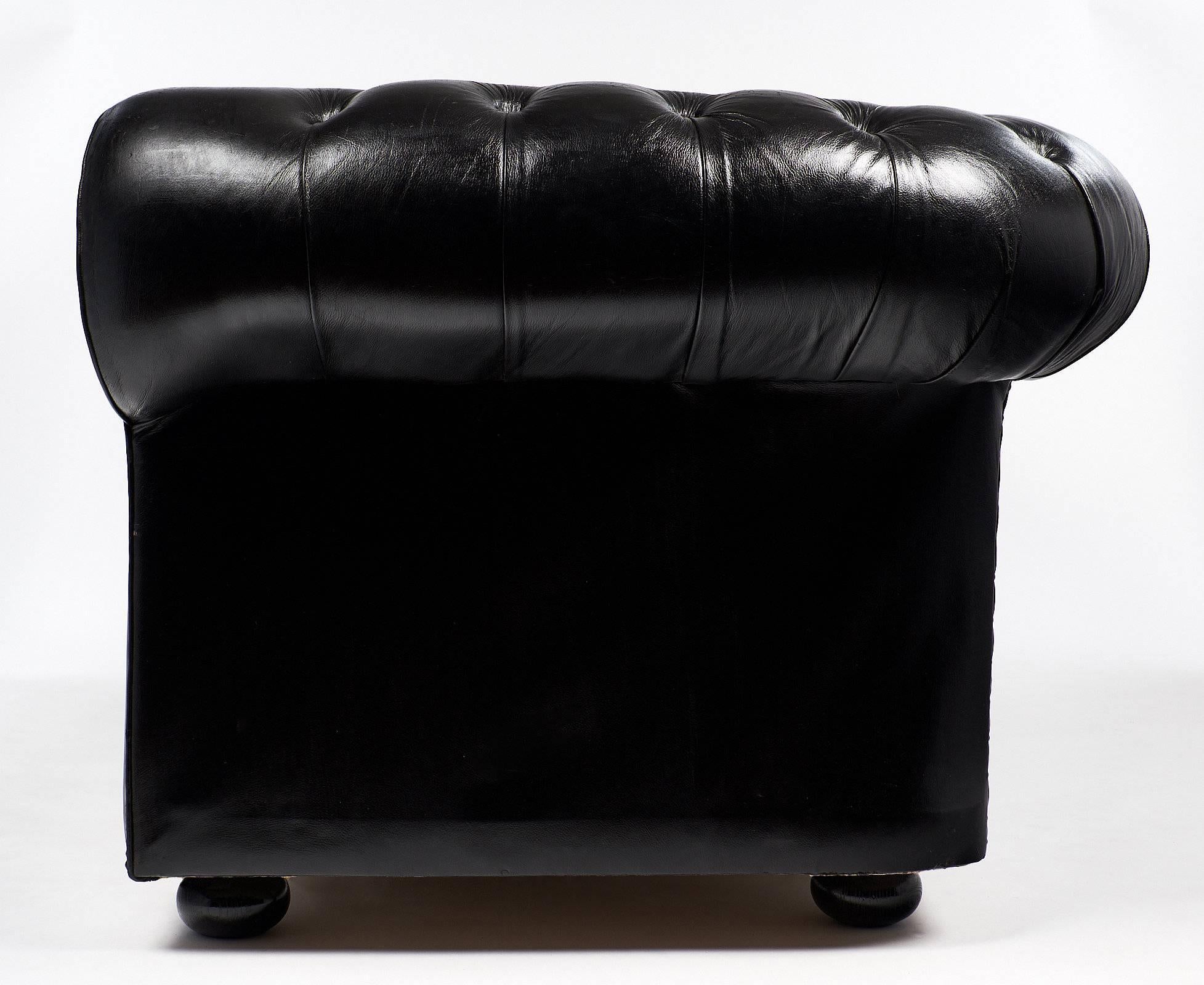 Mid-20th Century English Vintage Black Leather Chesterfield Sofa