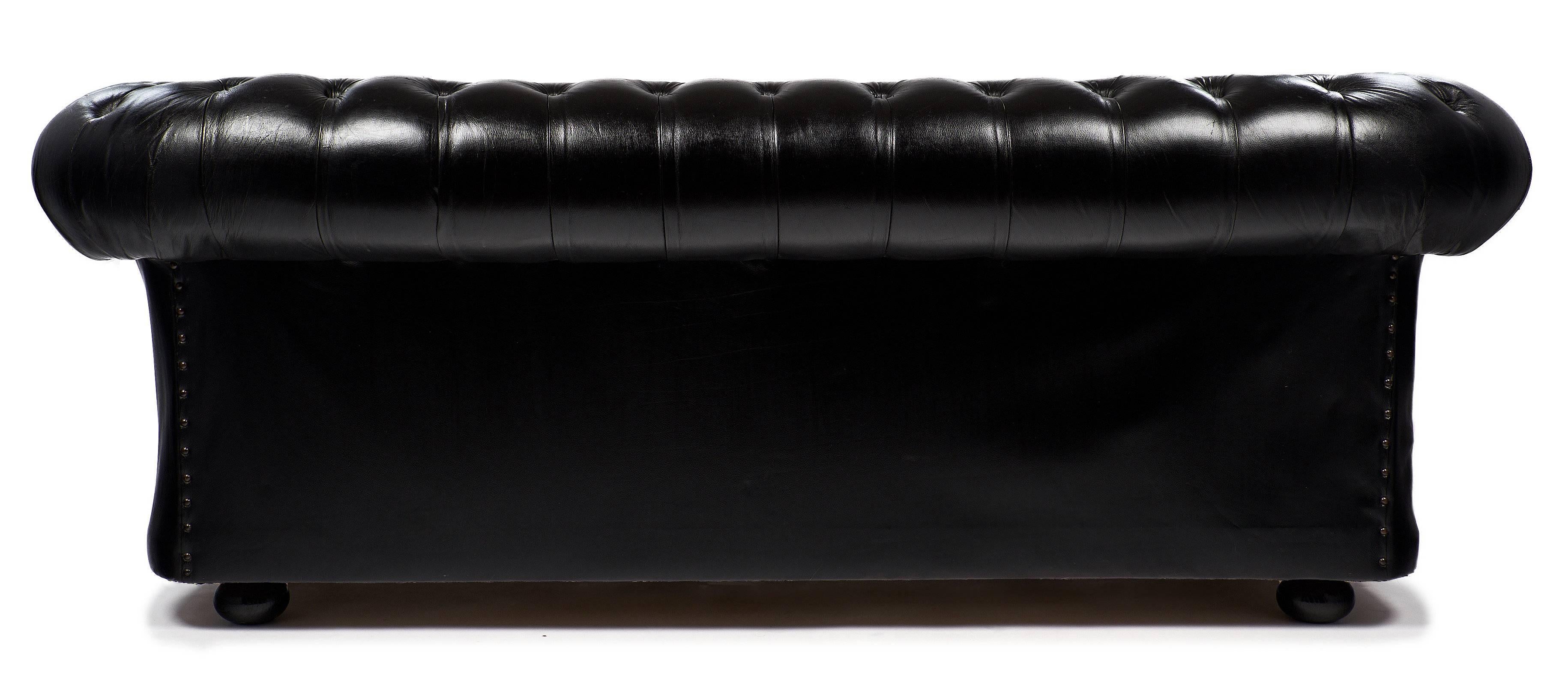 English Vintage Black Leather Chesterfield Sofa 1