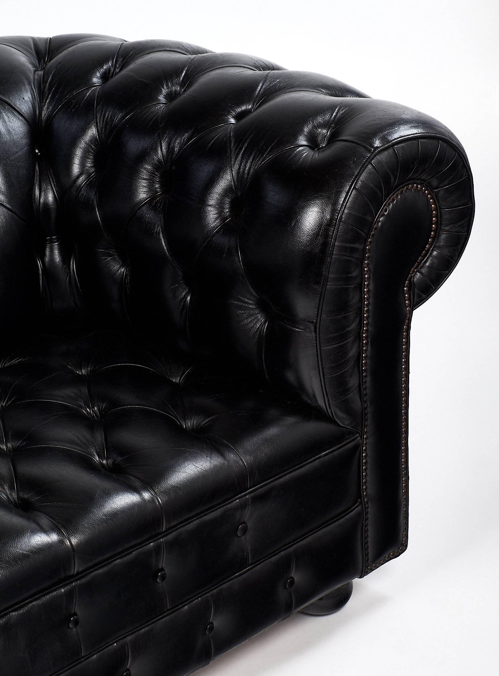 Mid-Century Modern English Vintage Black Leather Chesterfield Sofa