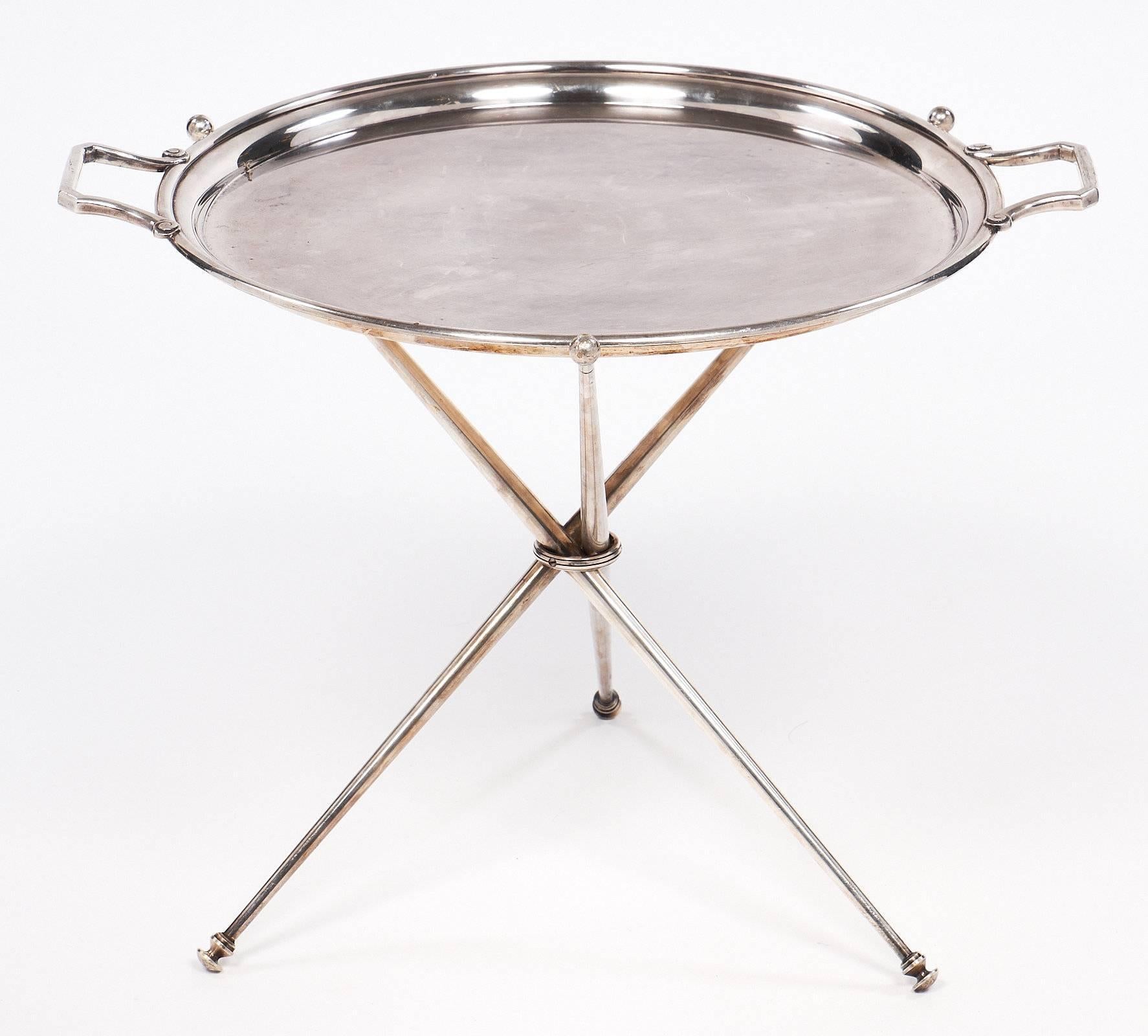 Art Deco period charming silver plated tripod tray table from France. We love the sophisticated feel and the Classic lines of this perfect cocktail hour accessory.
  