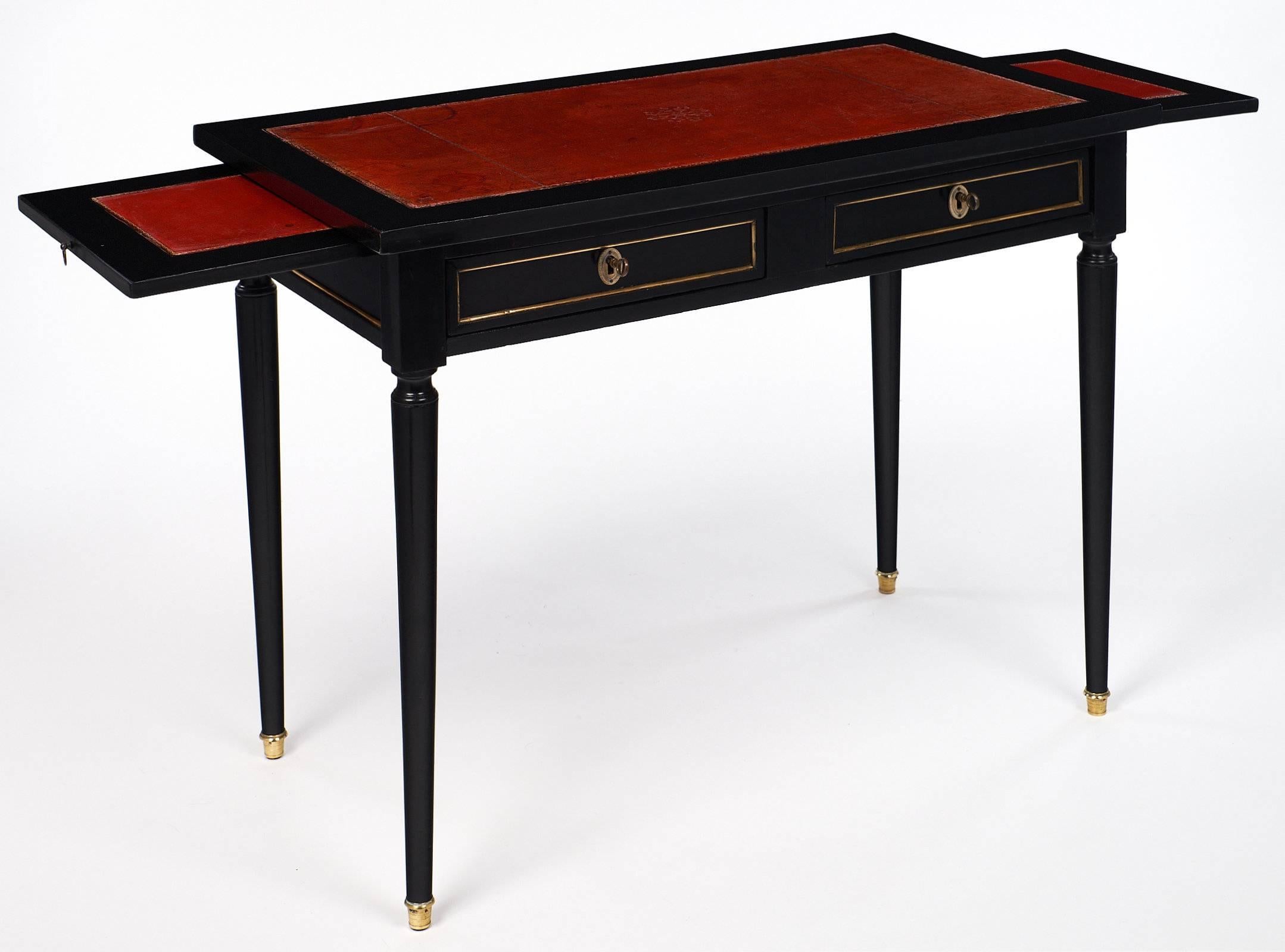 Brass Louis XVI Style French Antique Ebonized Desk