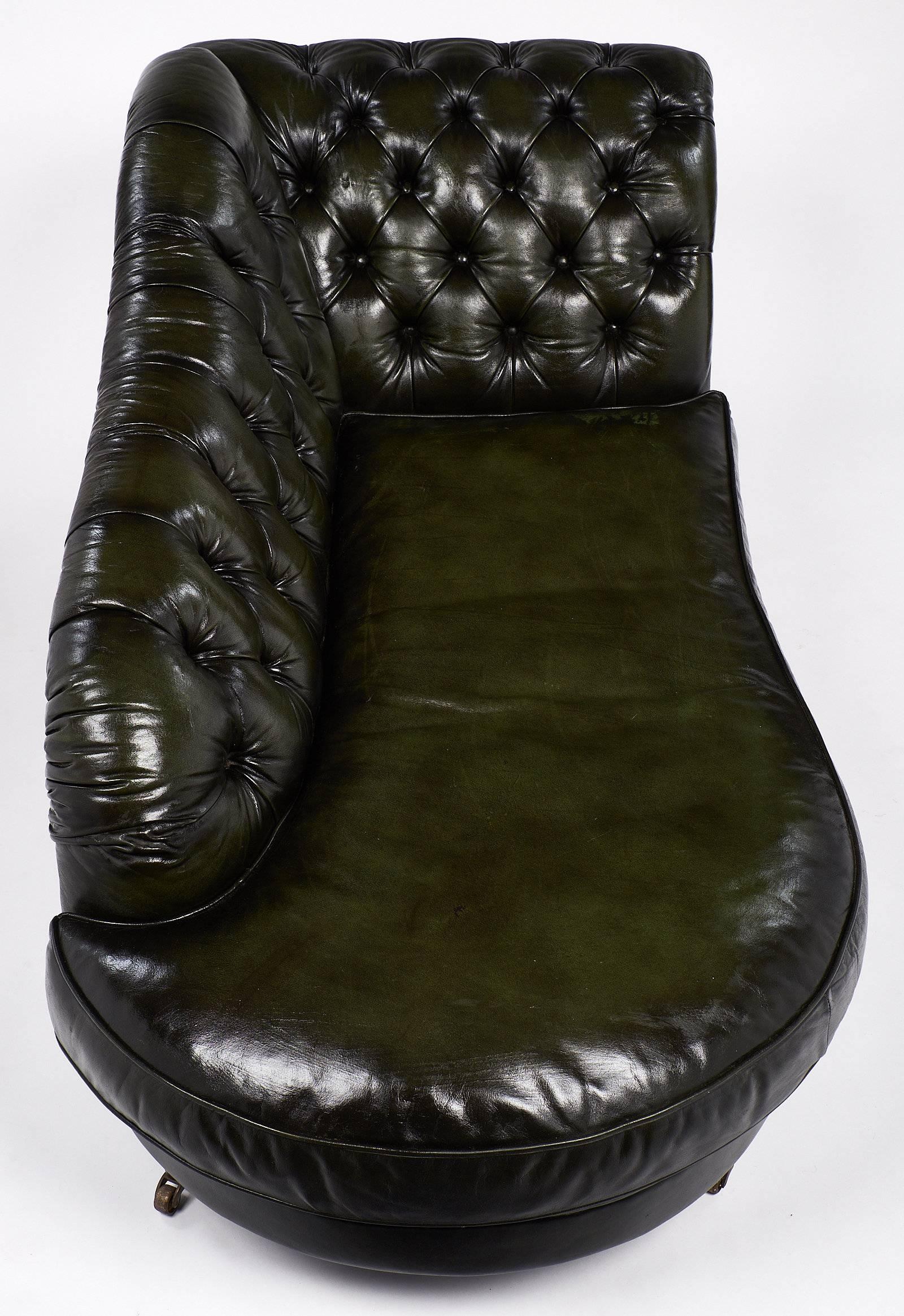 French Green Vintage Tufted Leather Méridienne