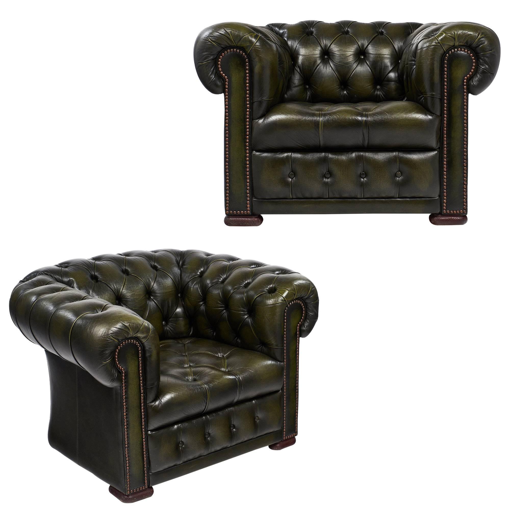 Pair of Green Leather Vintage Chesterfield Armchairs at 1stDibs green