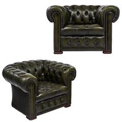Pair of Green Leather Vintage Chesterfield Armchairs