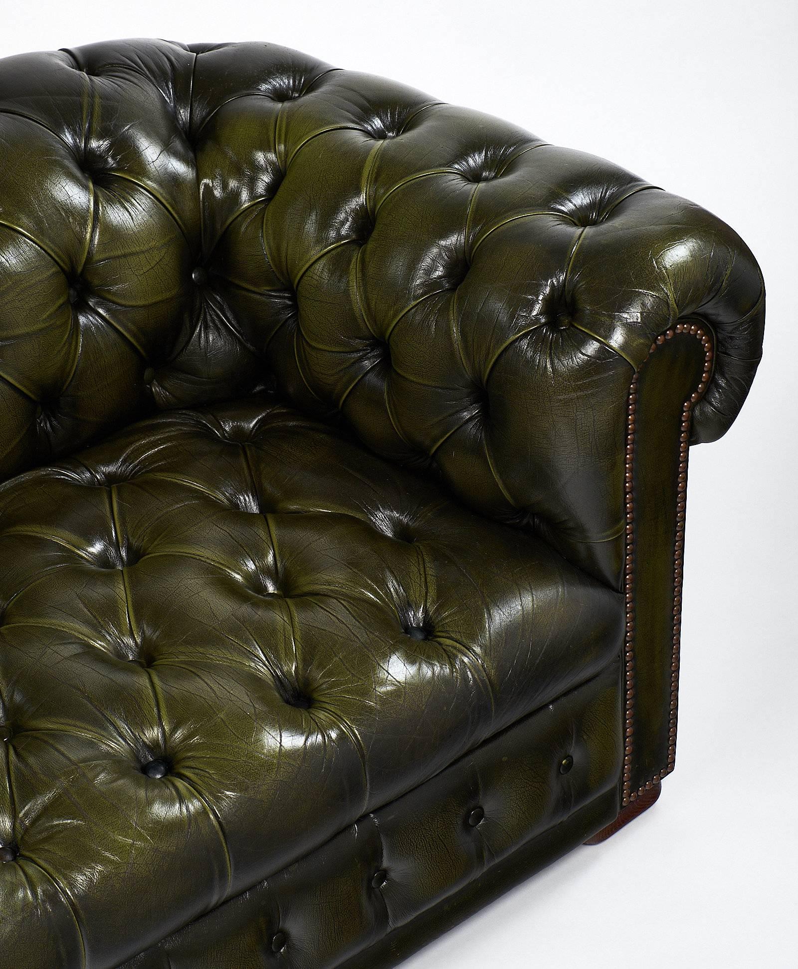 French Green Leather Vintage Chesterfield Sofa