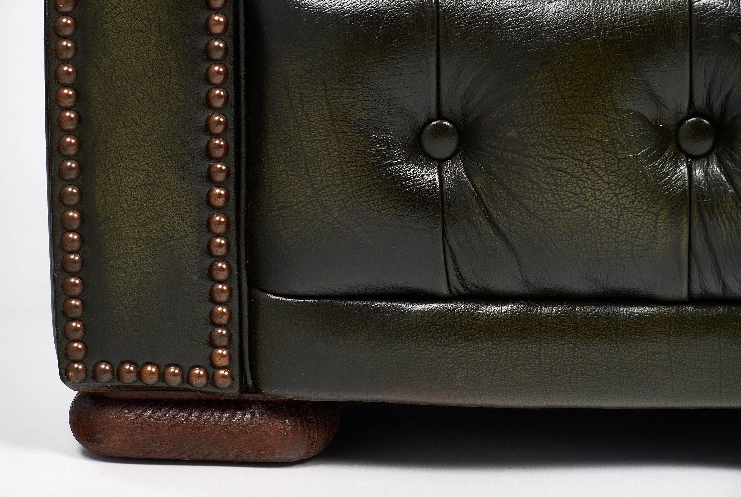 Brass Green Leather Vintage Chesterfield Sofa