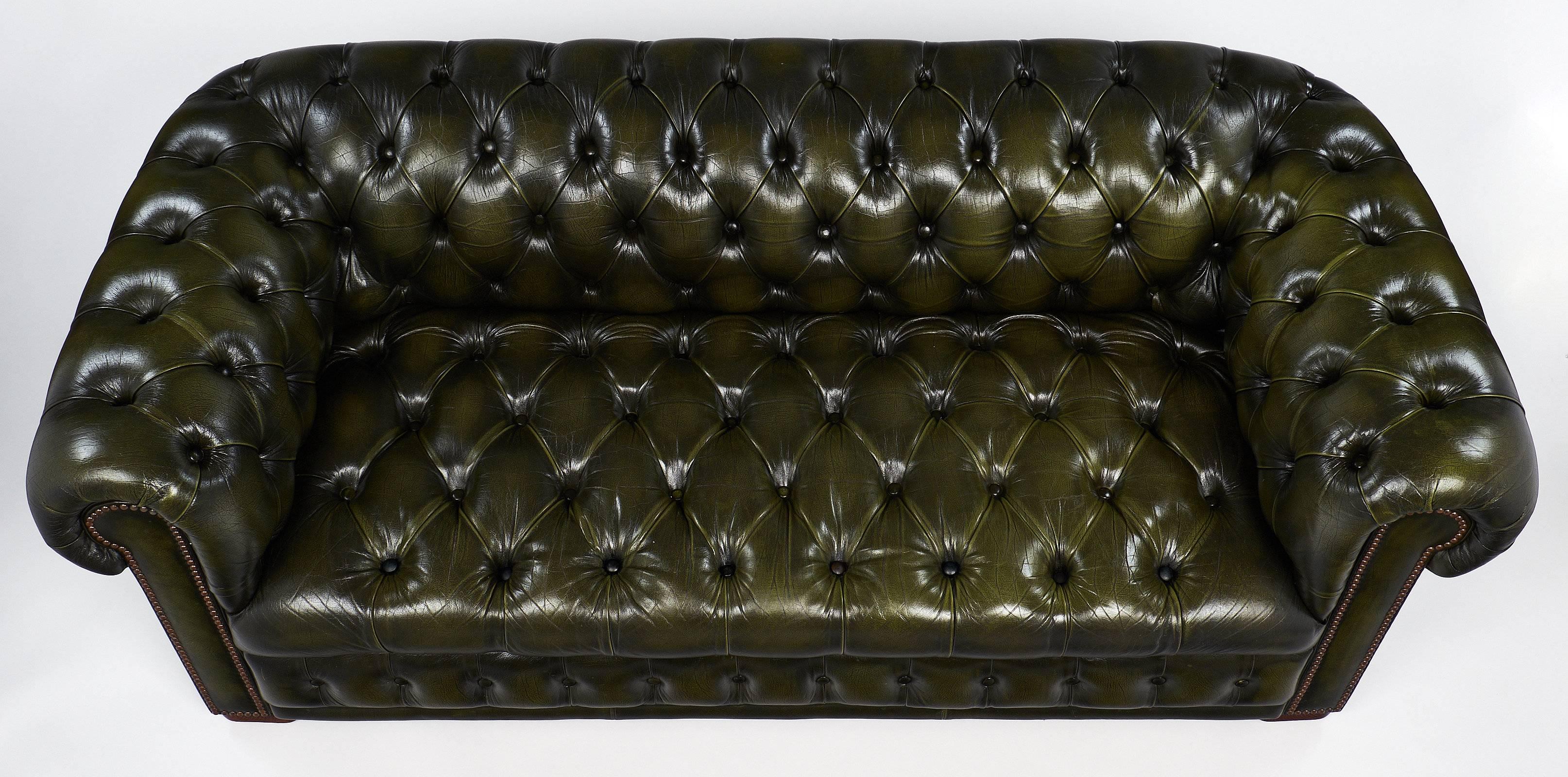 Mid-Century Modern Green Leather Vintage Chesterfield Sofa