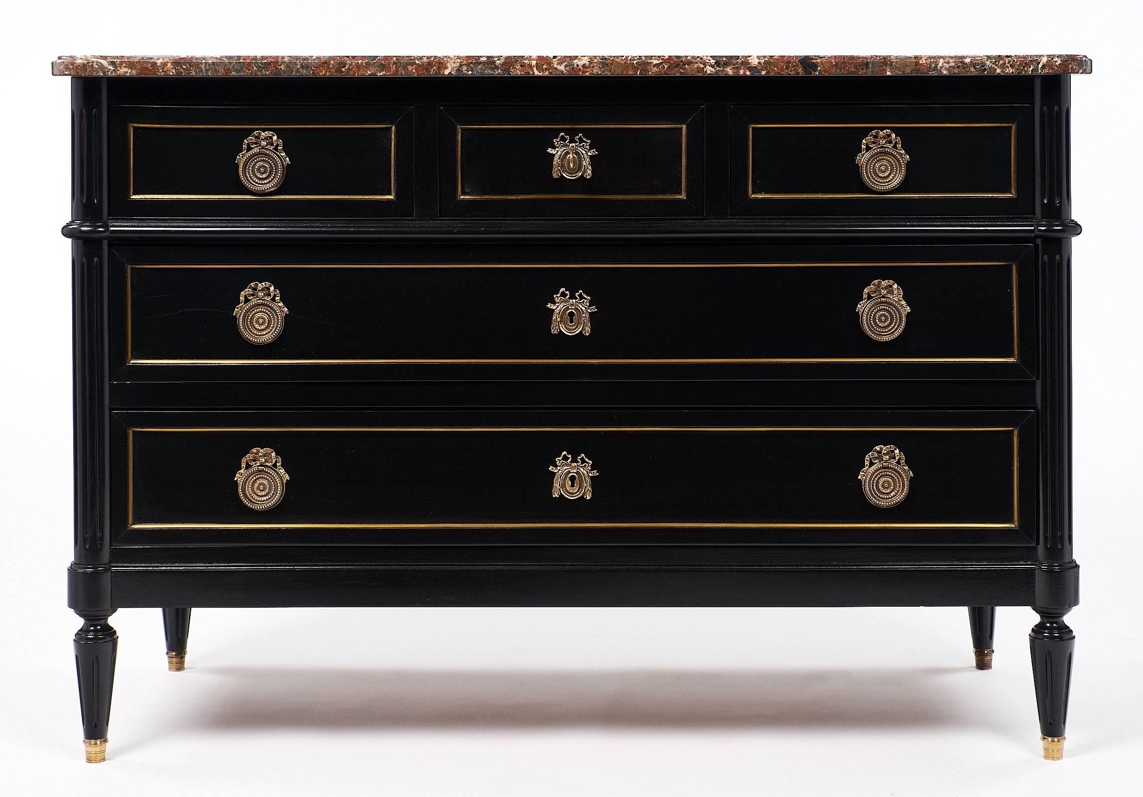 Ebonized Louis XVI Style Antique Chest with Breche Marble Top