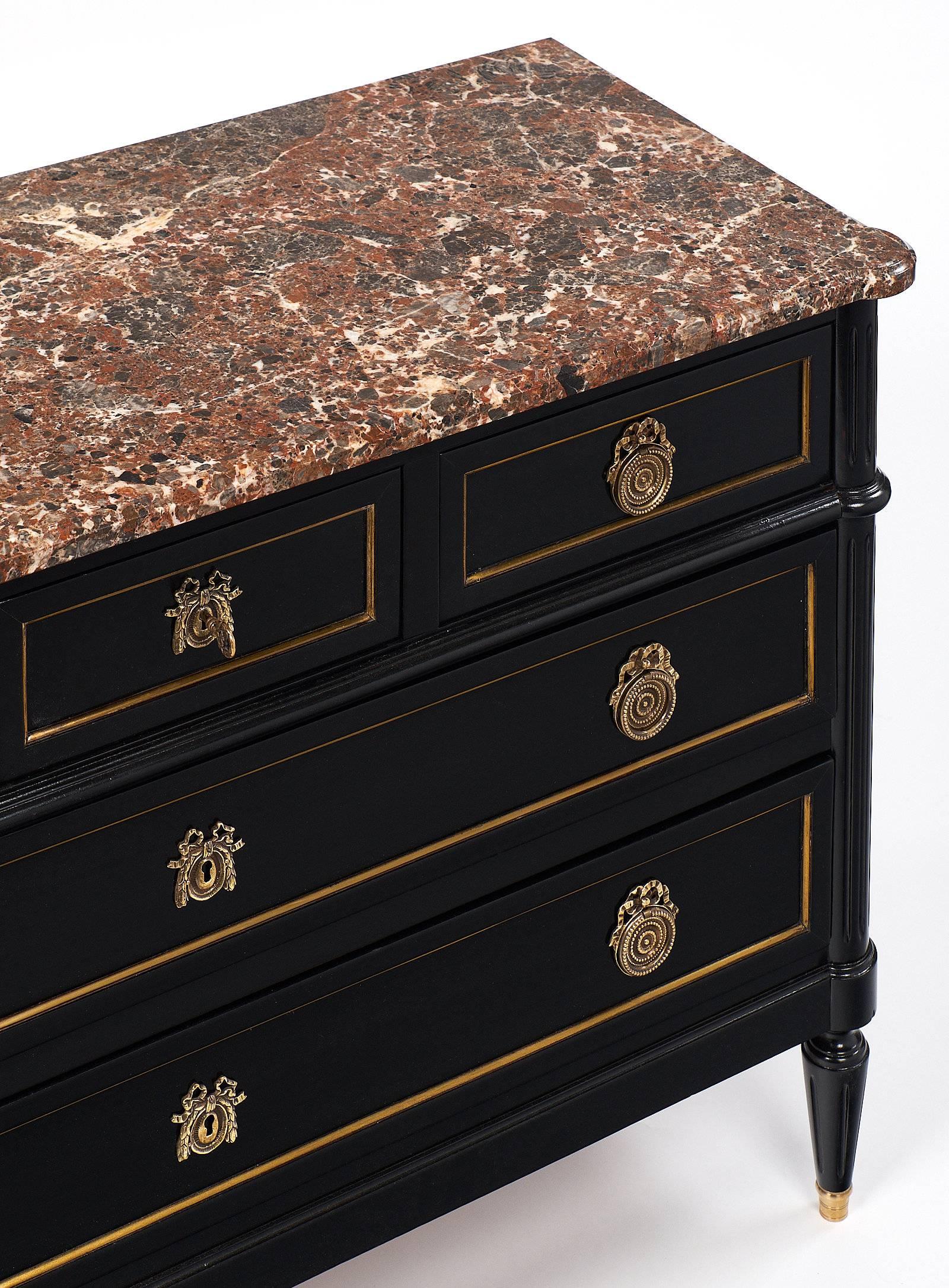Louis XVI Style Antique Chest with Breche Marble Top In Excellent Condition In Austin, TX