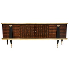 Mid-Century French Macassar Buffet with Black Glass Top