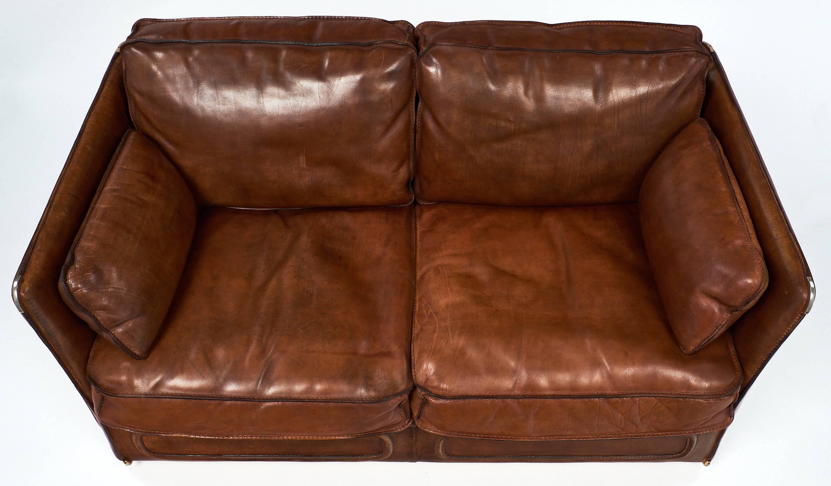 Mid-Century Modern Hermes Style Buffalo Leather French Loveseat