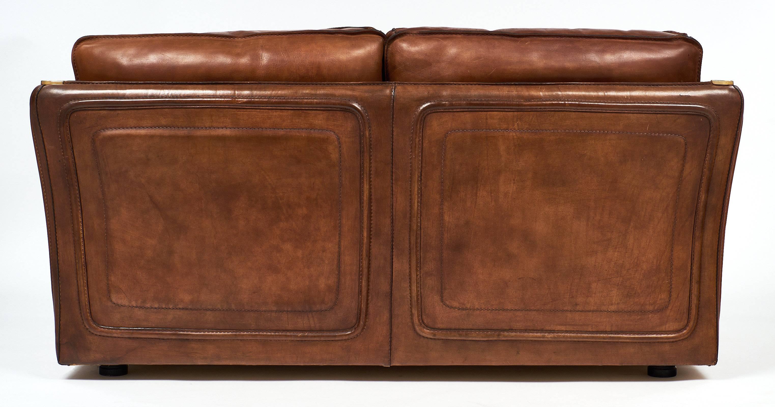 Brass Hermes Style Buffalo Leather French Loveseat