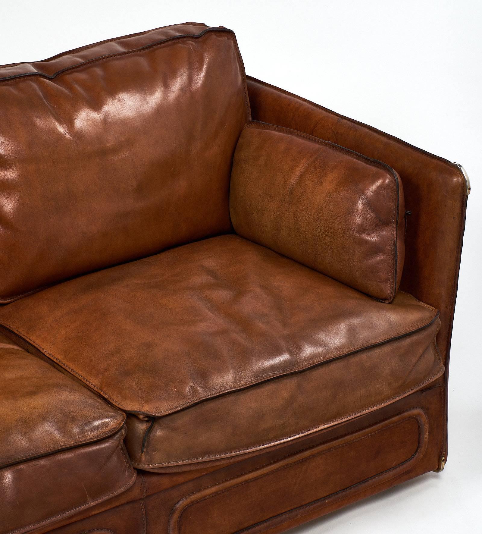 Mid-Century Modern French Buffalo Leather Equestrian Style Sofa
