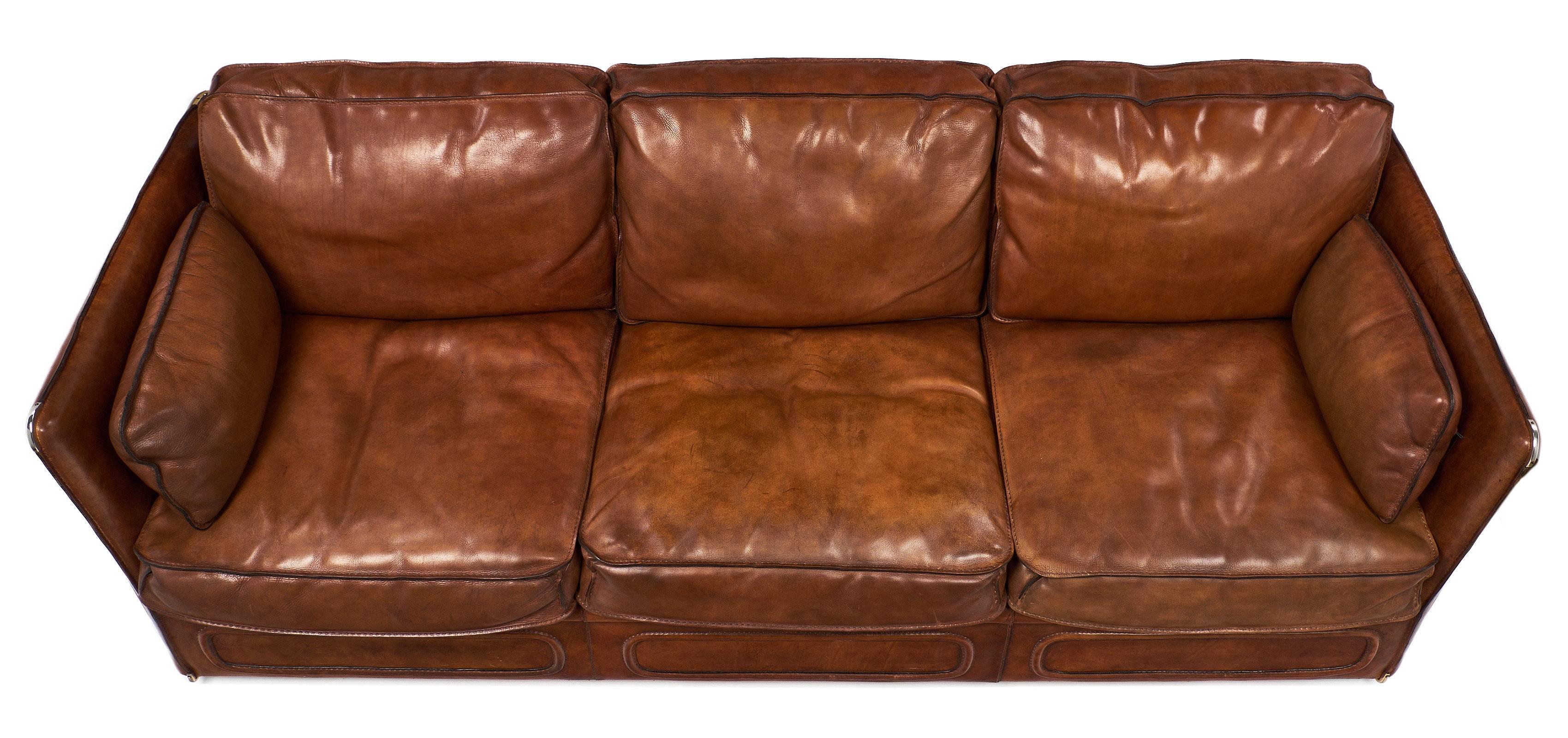 Late 20th Century French Buffalo Leather Equestrian Style Sofa