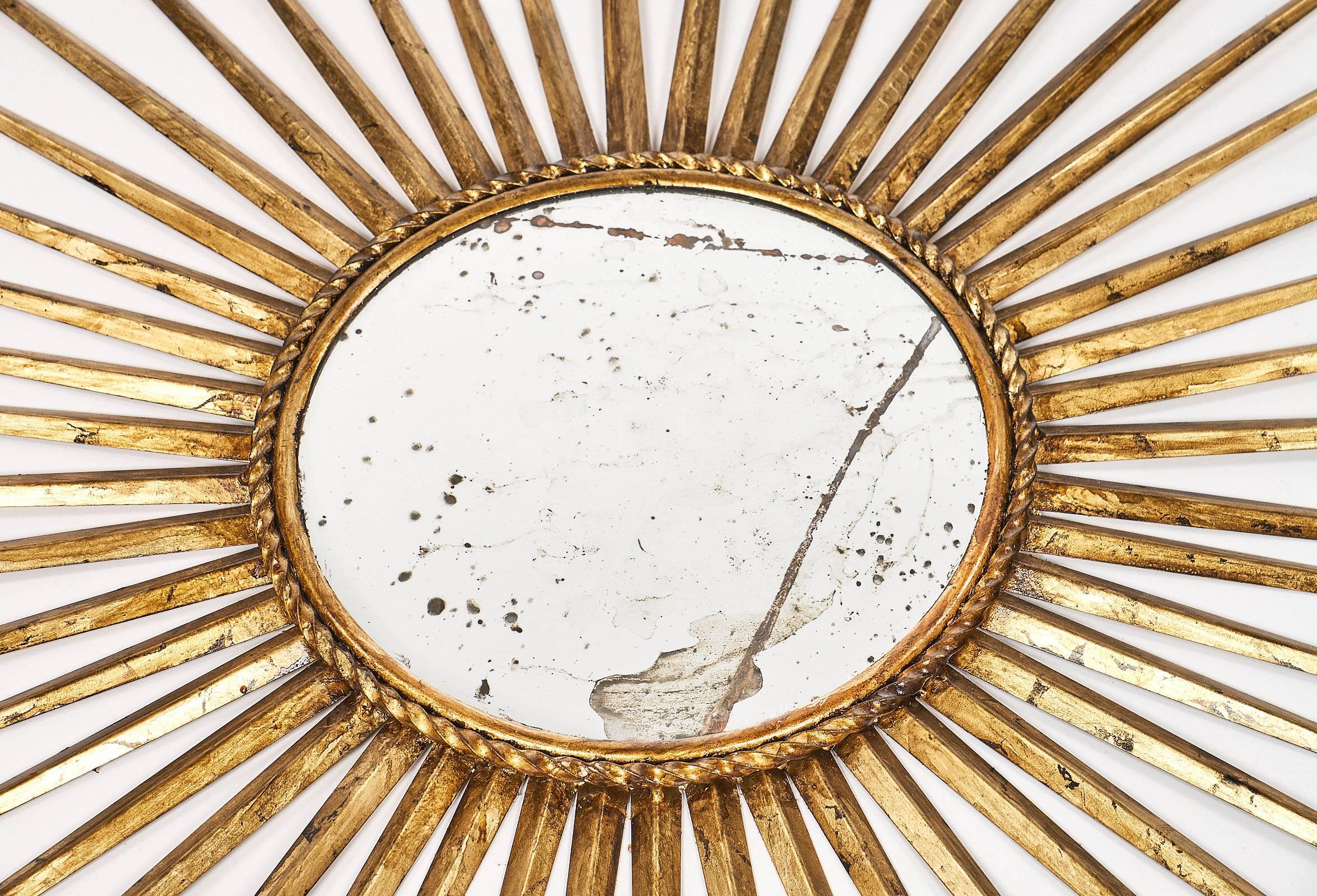 French Gilt Metal Vintage Sunburst Mirror In Excellent Condition In Austin, TX