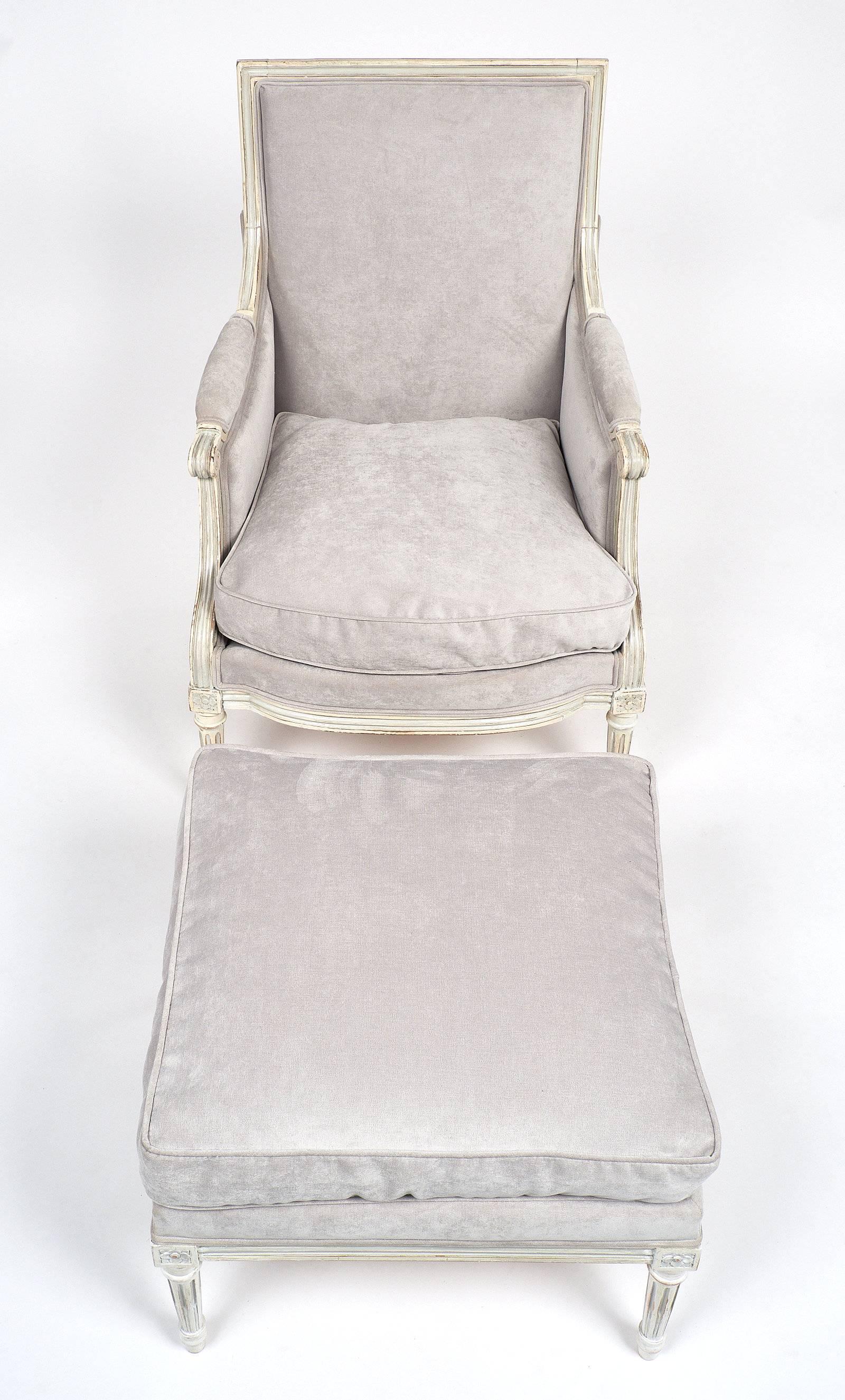 Early 20th Century French Antique Louis XVI Style Bergère and Ottoman Set