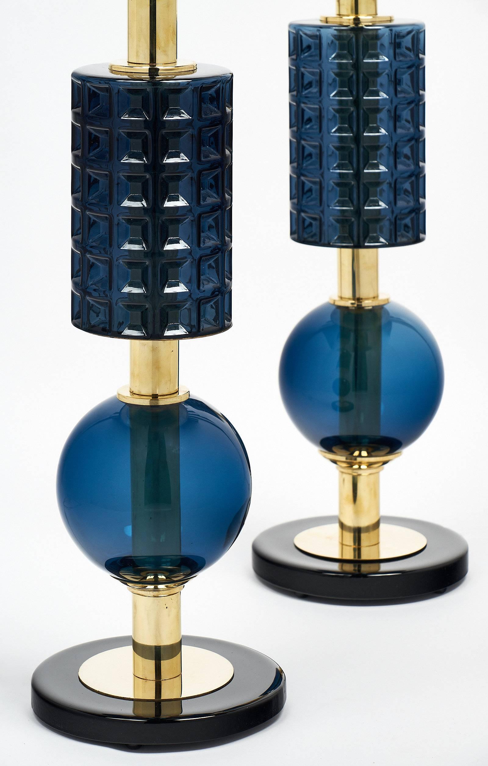Brass Murano Glass Modernist Blue Lamps