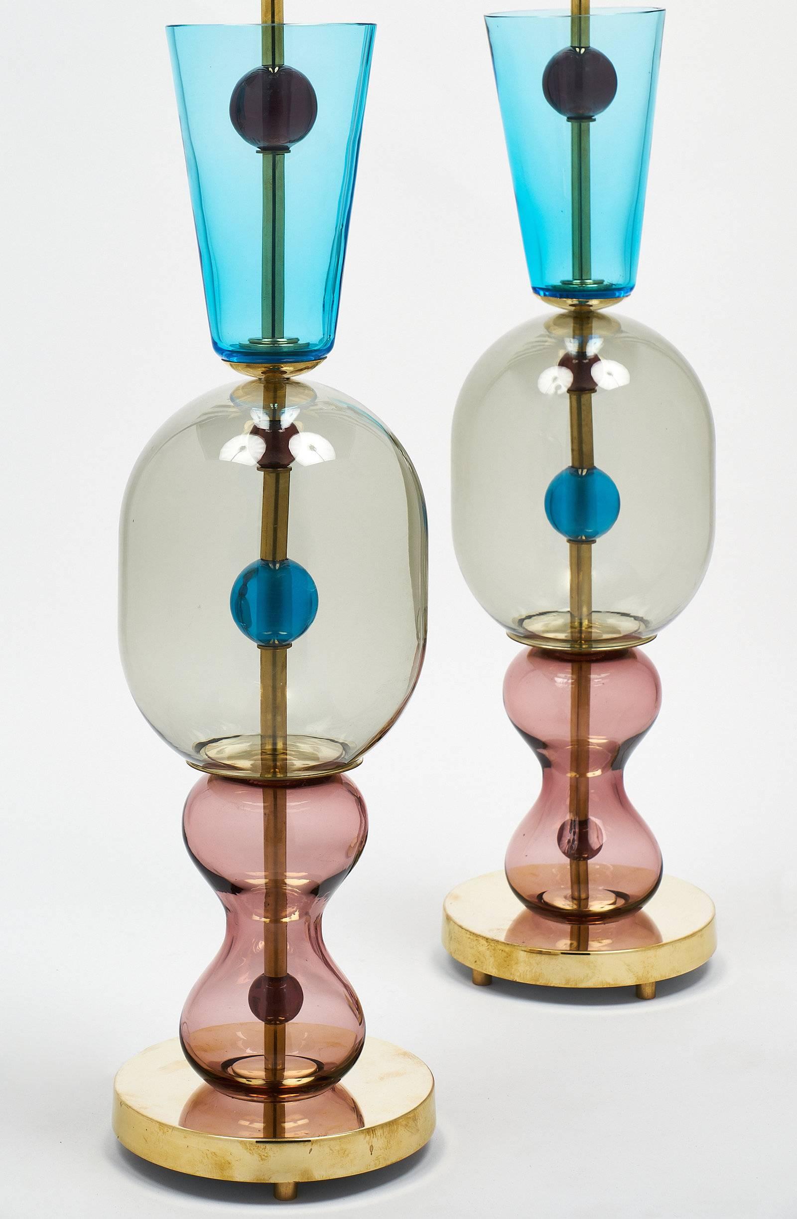 Brass Murano Glass Lamps in the Style of Ettore Sottsass