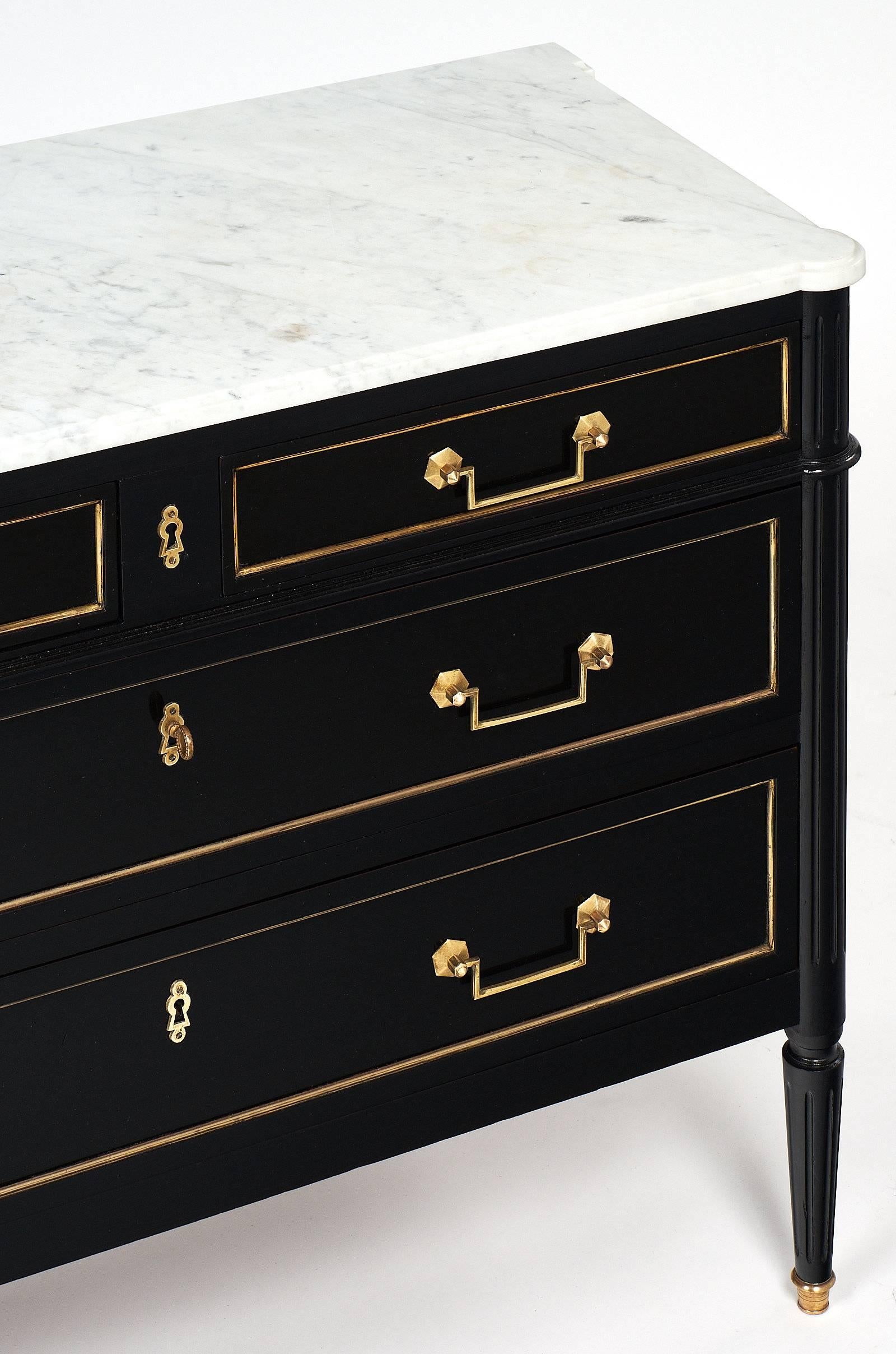 Ebonized Louis XVI Style Chest with Carrara Marble In Excellent Condition In Austin, TX
