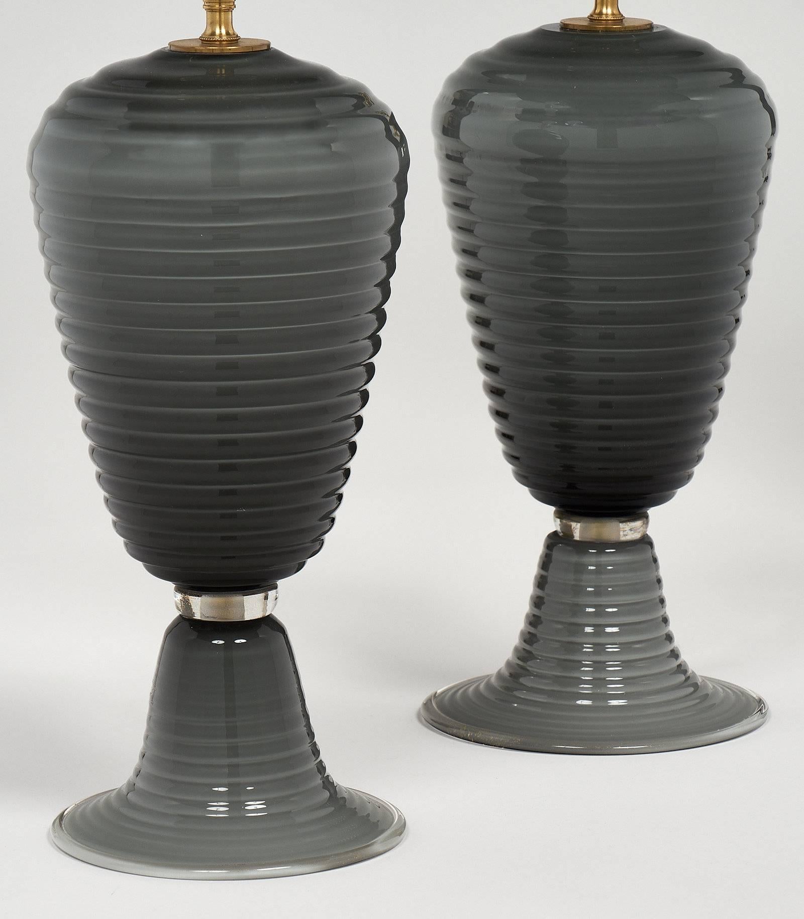 Contemporary Single Murano Glass Gray Ridged Lamp