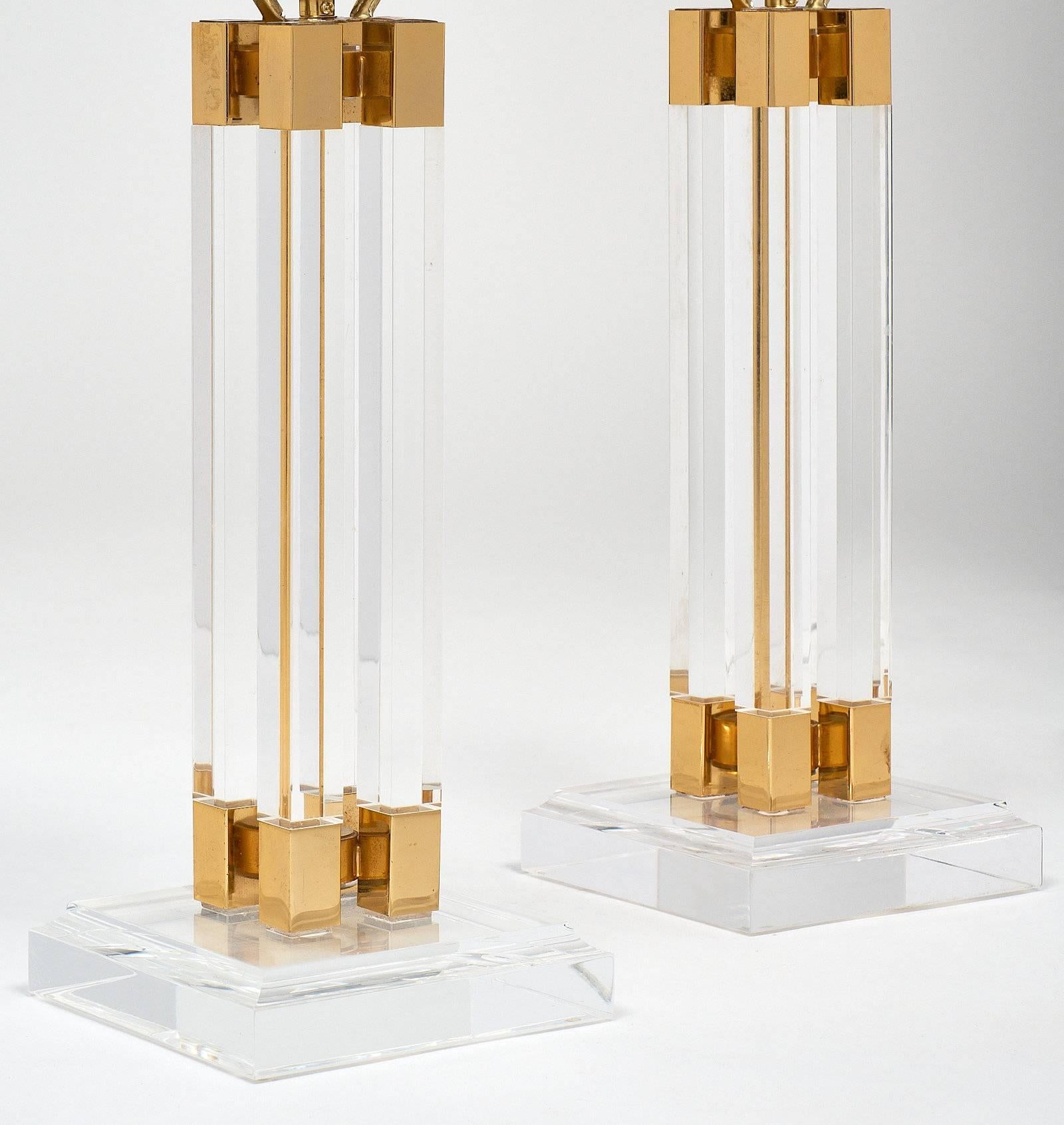French Lucite and Brass Midcentury Table Lamps