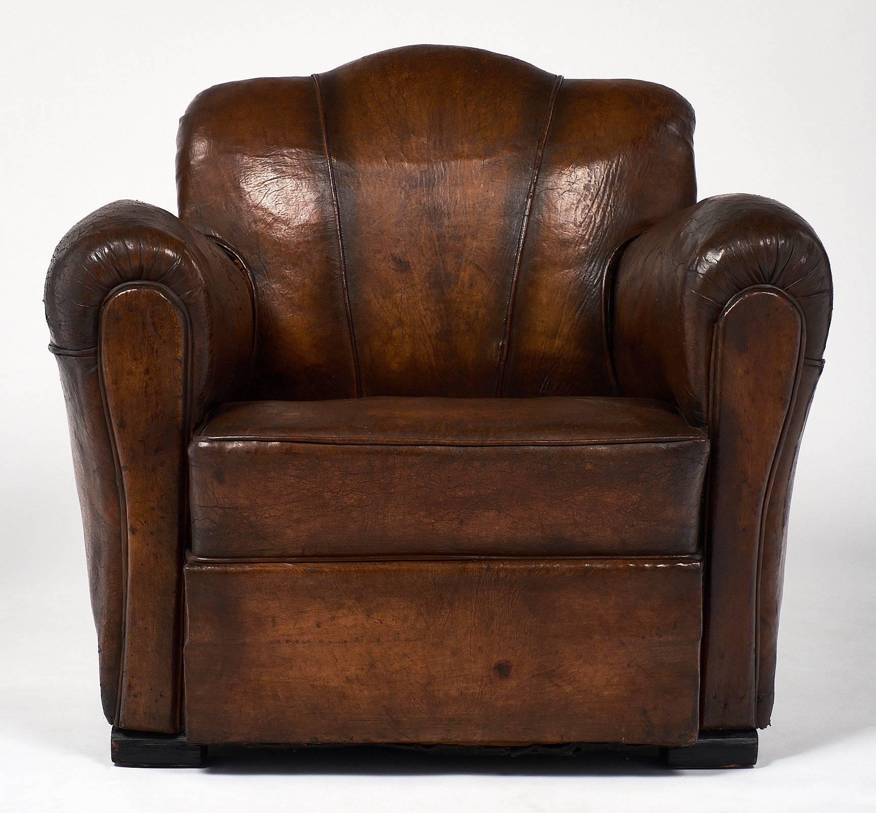 French Art Deco Period Leather Club Chair In Excellent Condition In Austin, TX
