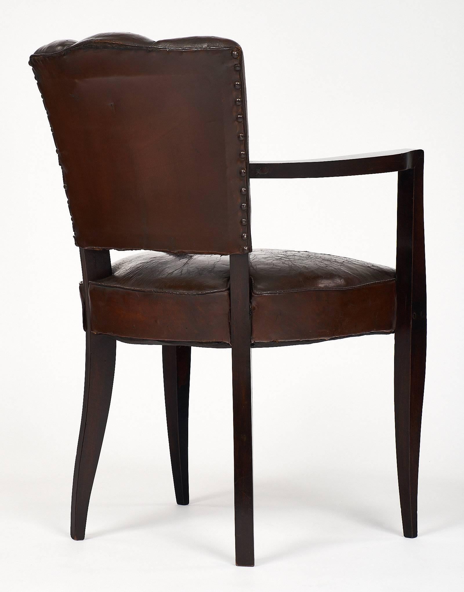 Mid-20th Century Scallop-Back Leather Art Deco Bridge Chair