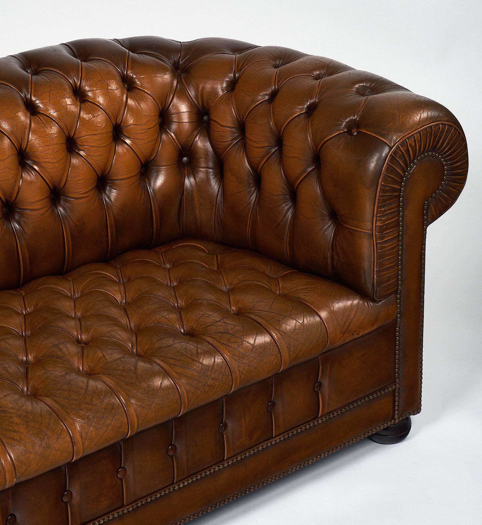 English Chesterfield Cognac Leather Sofa In Excellent Condition In Austin, TX