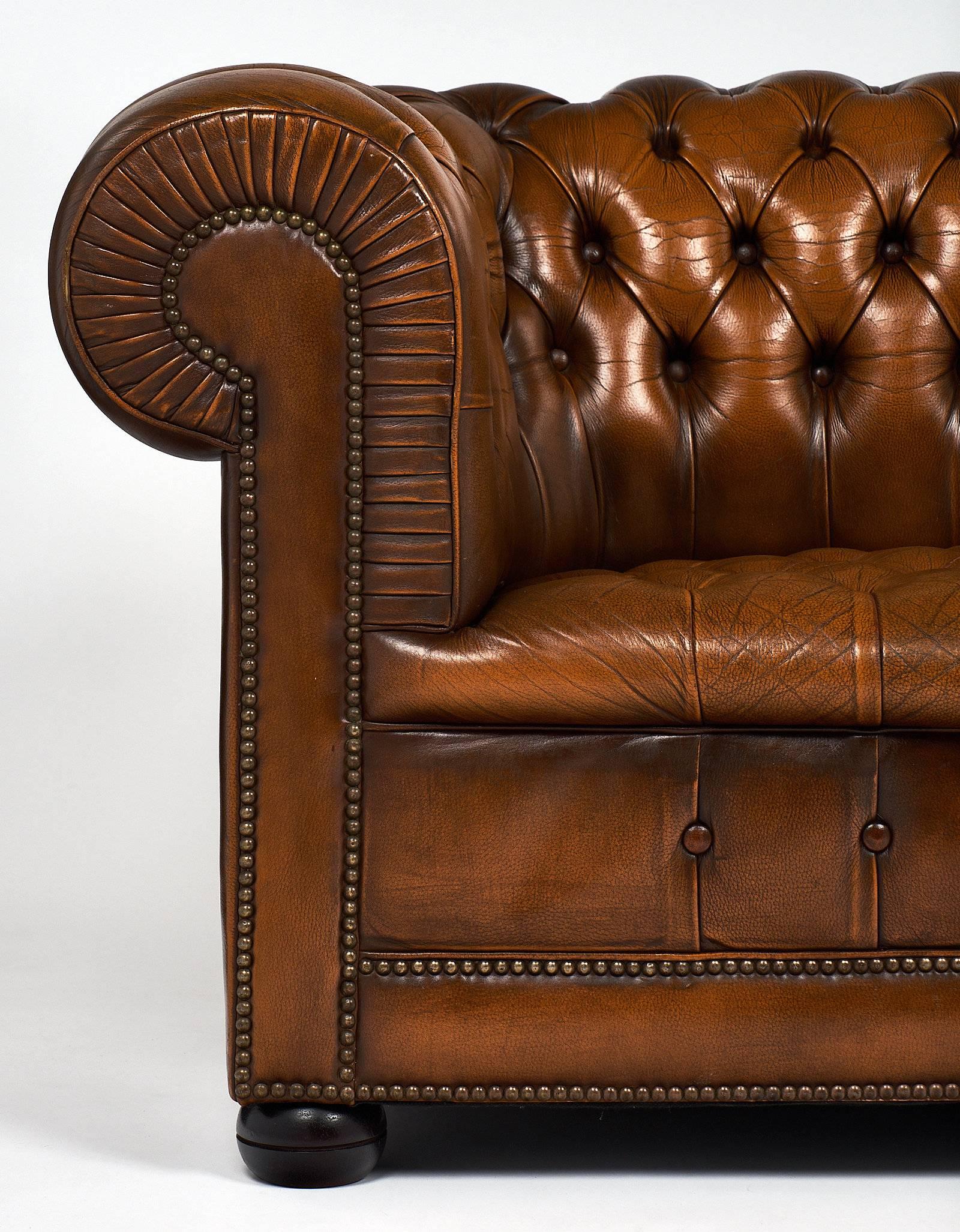 Mid-20th Century English Chesterfield Cognac Leather Sofa