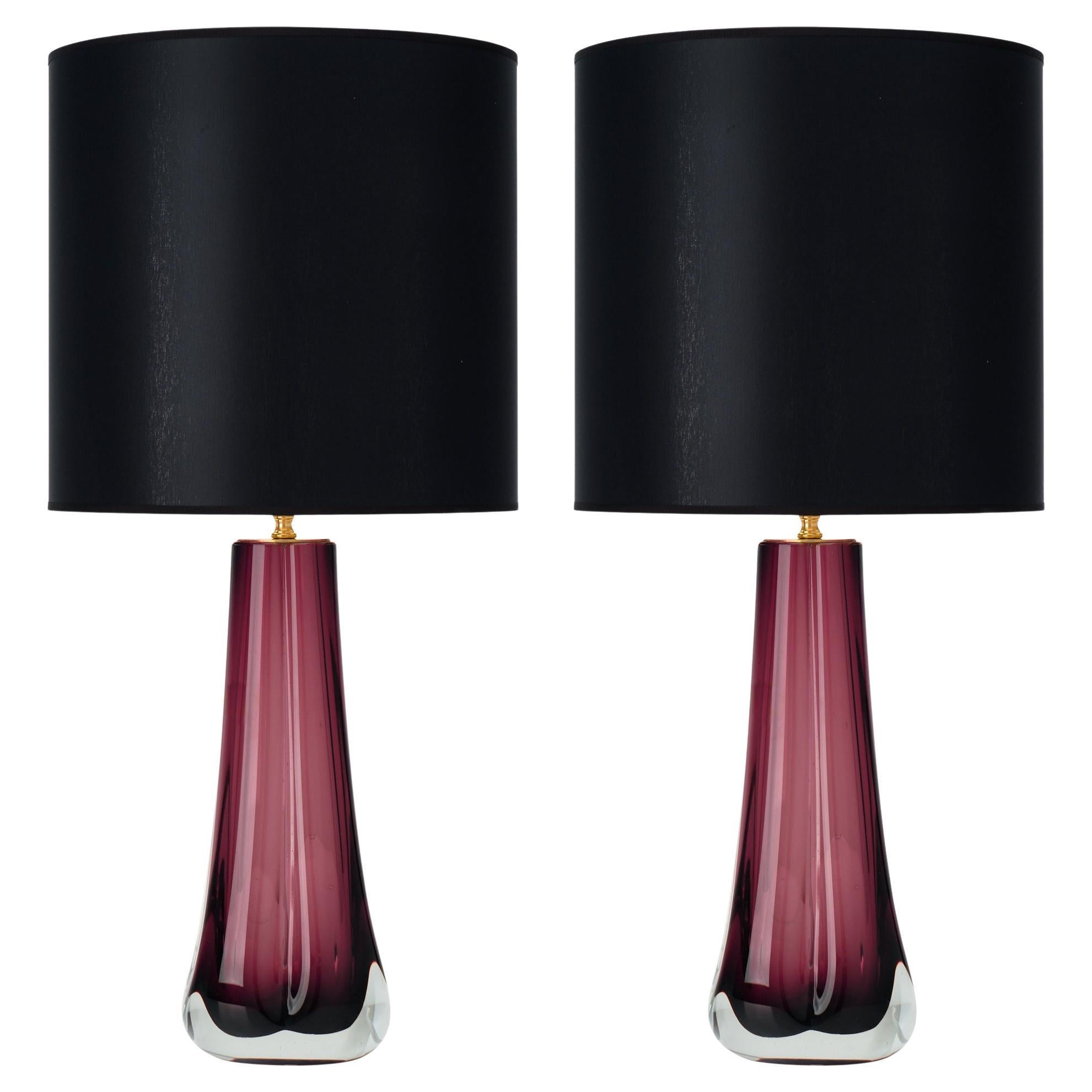 Murano Glass Table Lamps, Dark Amethyst and Clear Glass, Italy, New