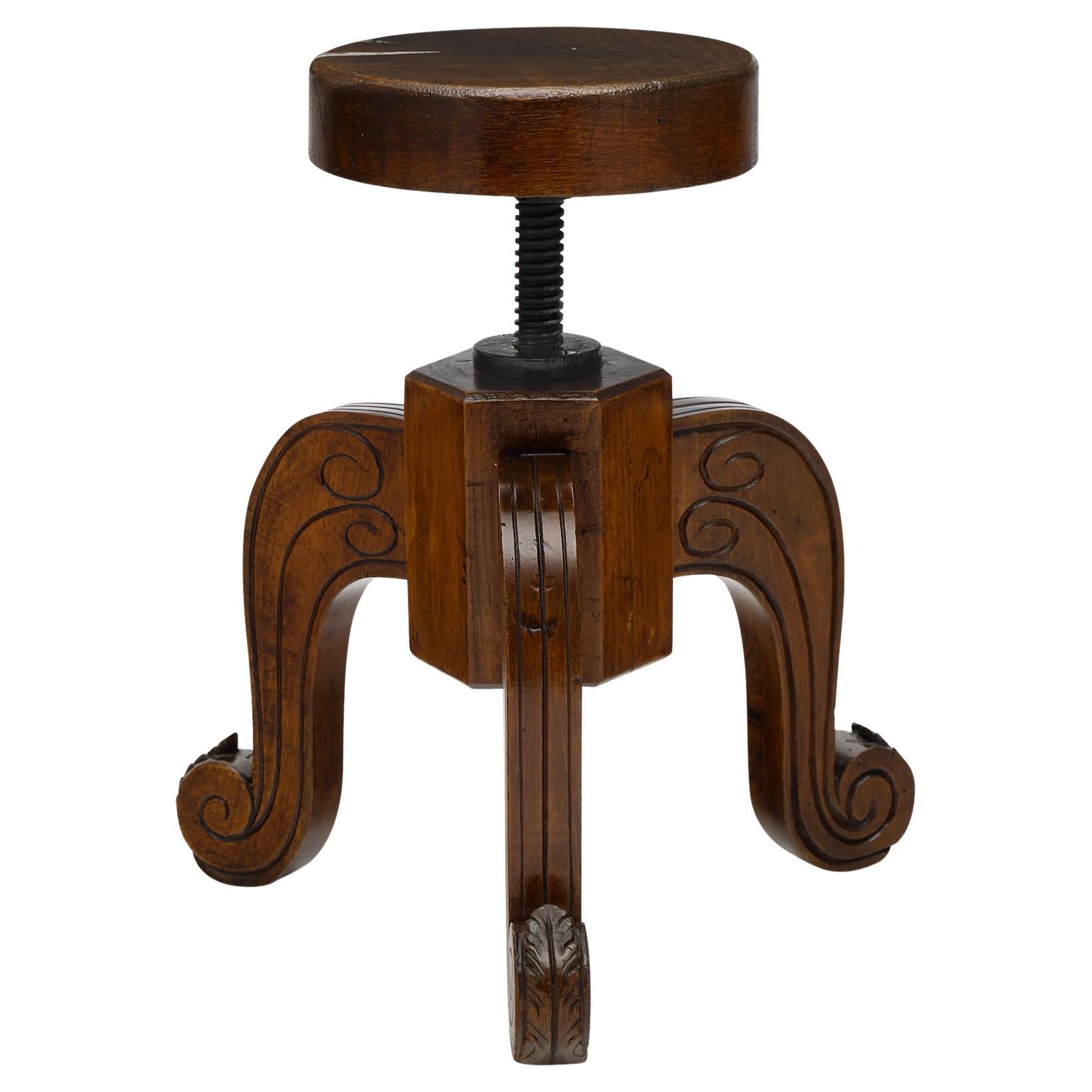Antique French Walnut Stool, Hand-Carved, Adjustable Height, 1900 For Sale