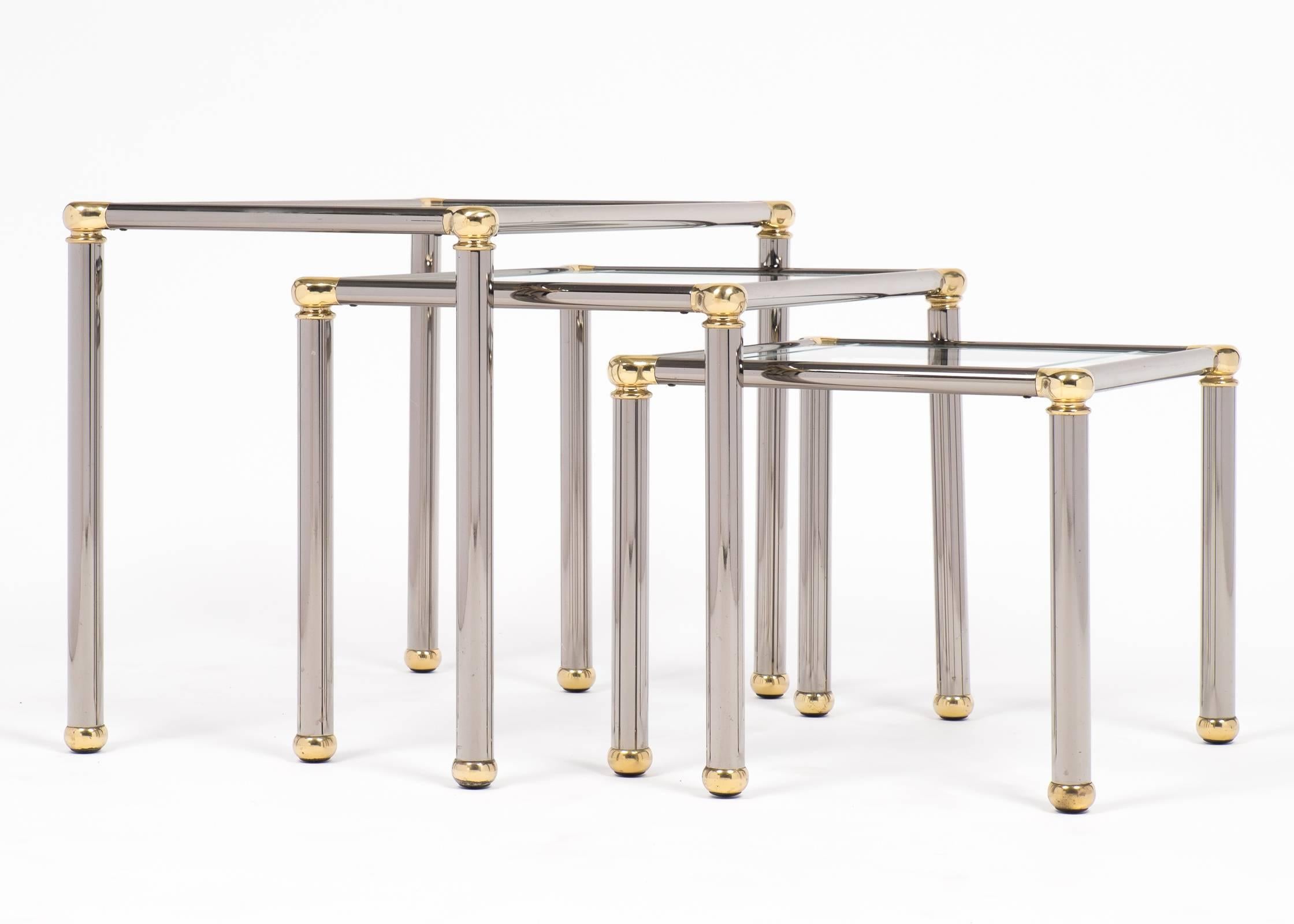 Etched Vintage Set of Gunmetal and Brass Nesting Tables