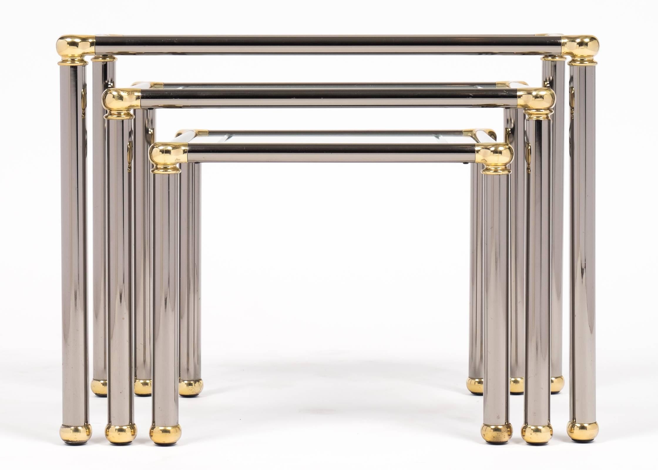 Vintage Set of Gunmetal and Brass Nesting Tables In Good Condition In Austin, TX