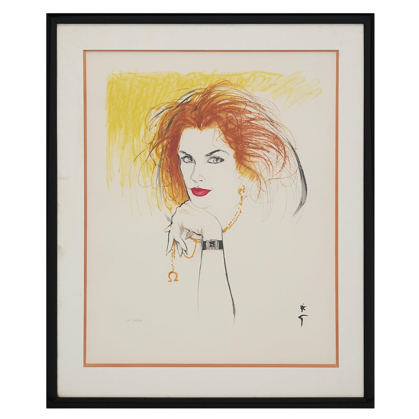 Cindy Crawford Lithograph by René Gruau, Lacquer on Paper, 1990s