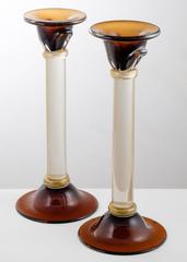 Murano Amber and "Avventurina" Glass Pair of Candlesticks