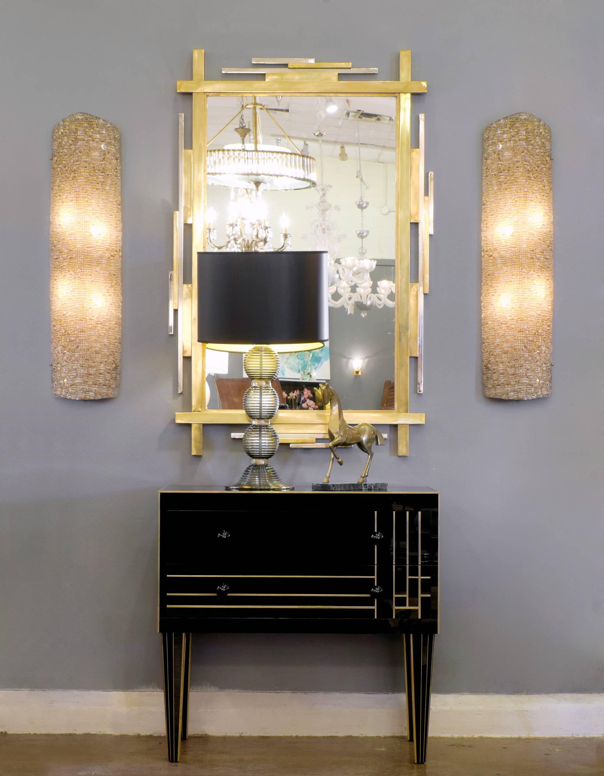 French vintage pair of mirrors in the style of Paul Evans with modernist brass and chrome frames. Exquisite style and craftsmanship.