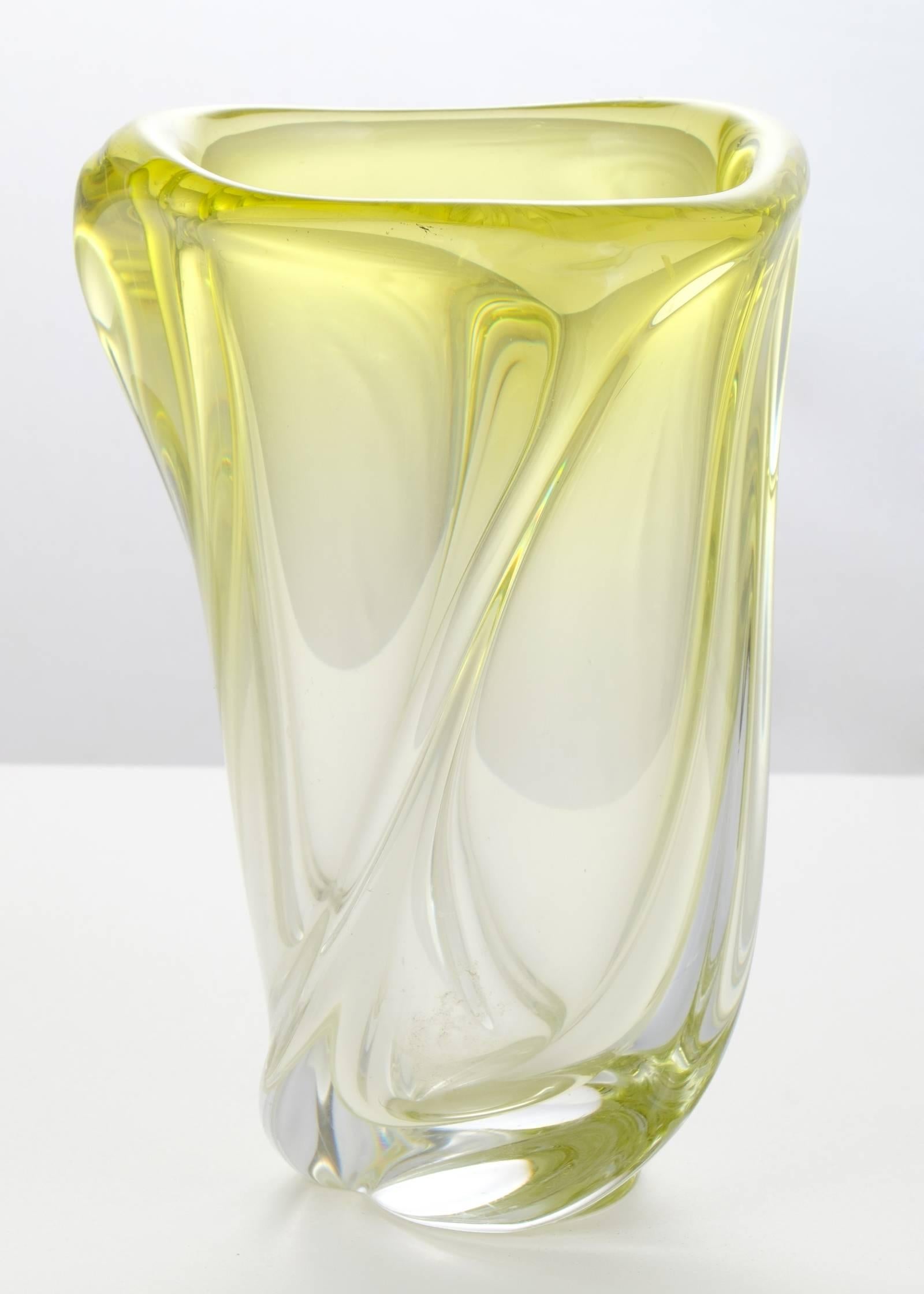 Italian Murano glass vase in a thick, handblown glass fading from citron to clear in color.