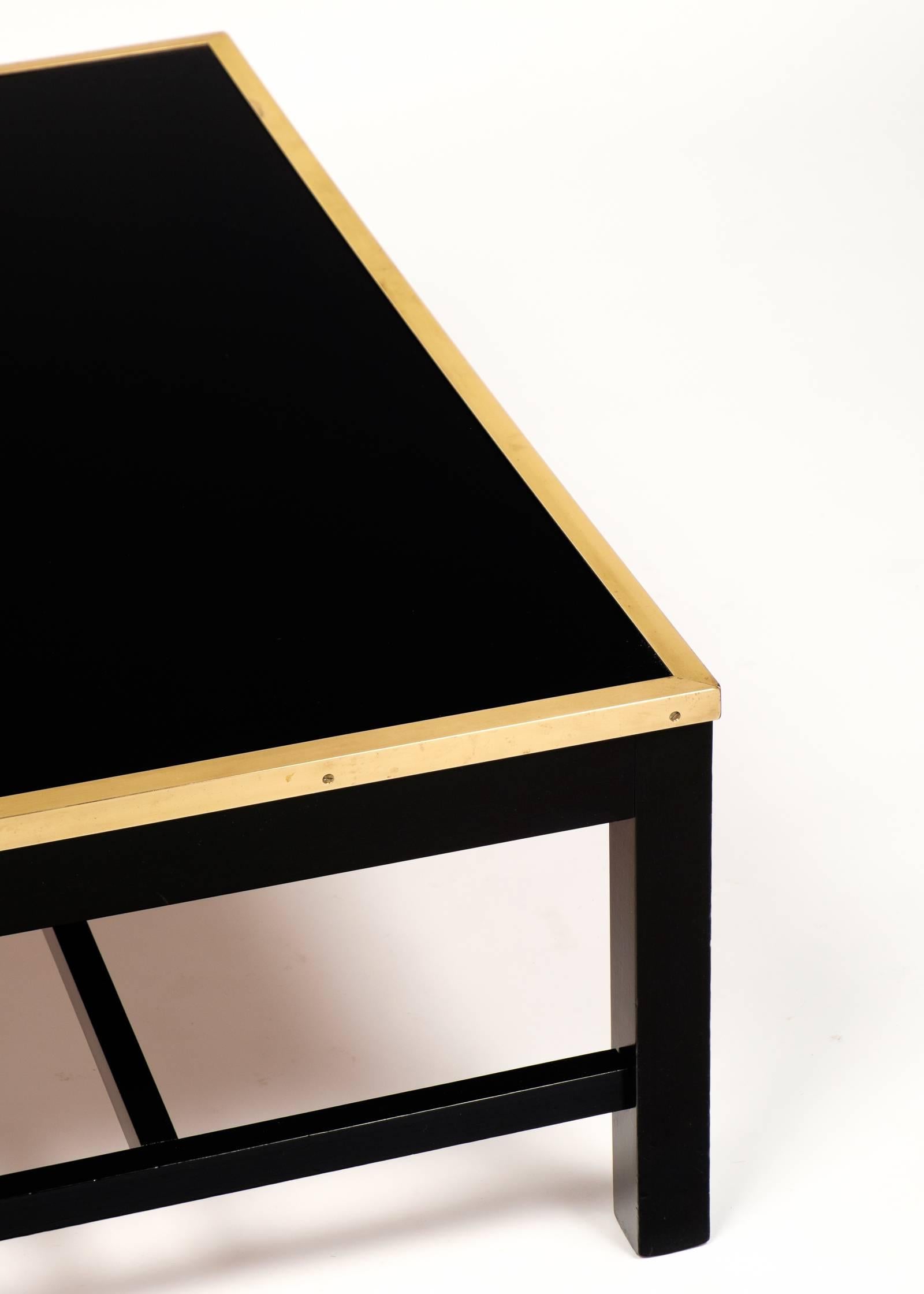 Ebonized Vintage Black Glass and Brass Coffee Table