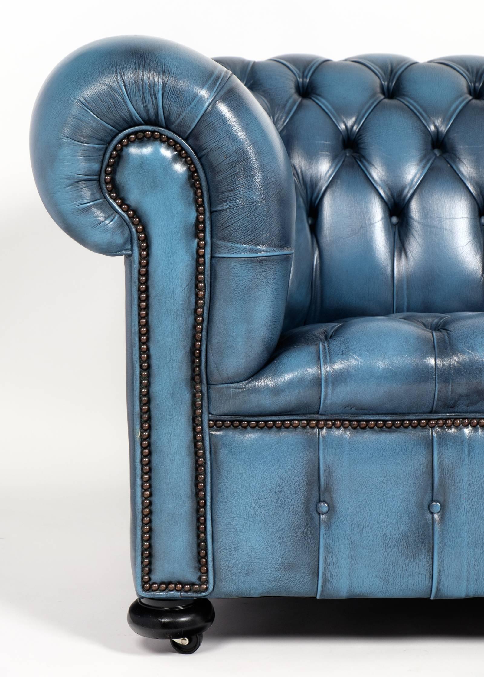 Vintage Steel Blue Leather Chesterfield Sofa In Good Condition In Austin, TX
