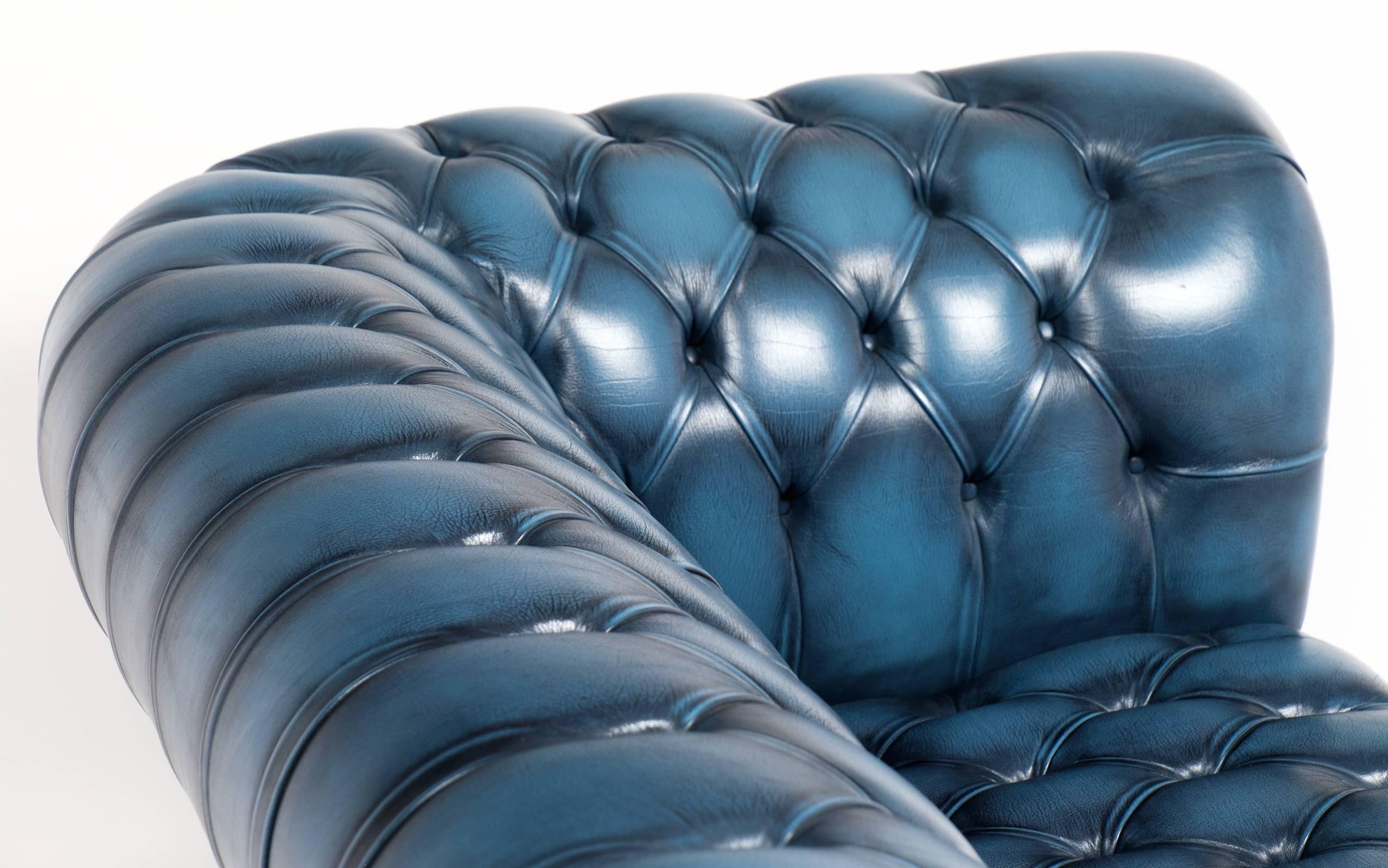 English Vintage Steel Blue Leather Chesterfield Sofa