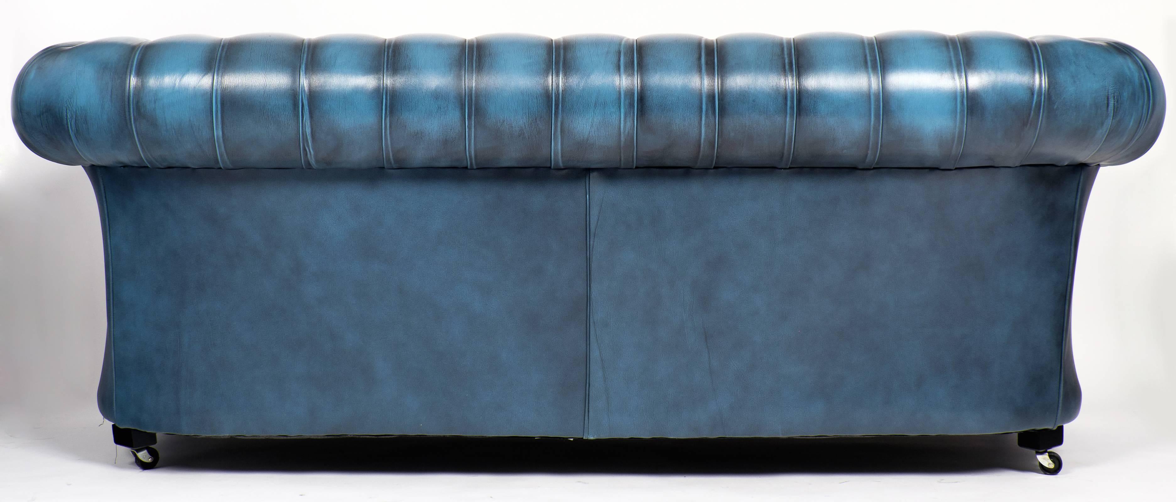 Vintage Steel Blue Leather Chesterfield Sofa 1
