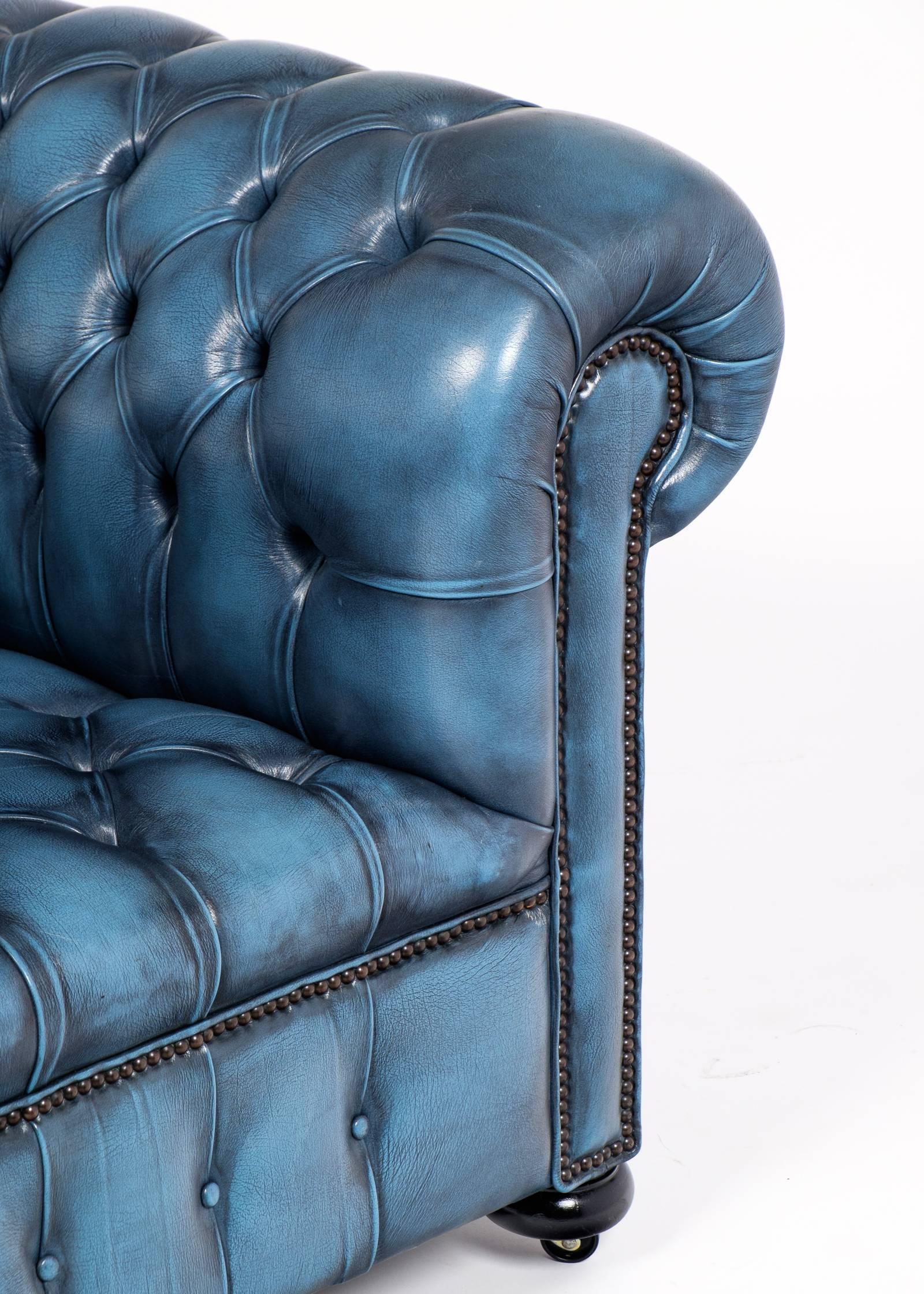 English Vintage Steel Blue Leather Chesterfield Club Chair